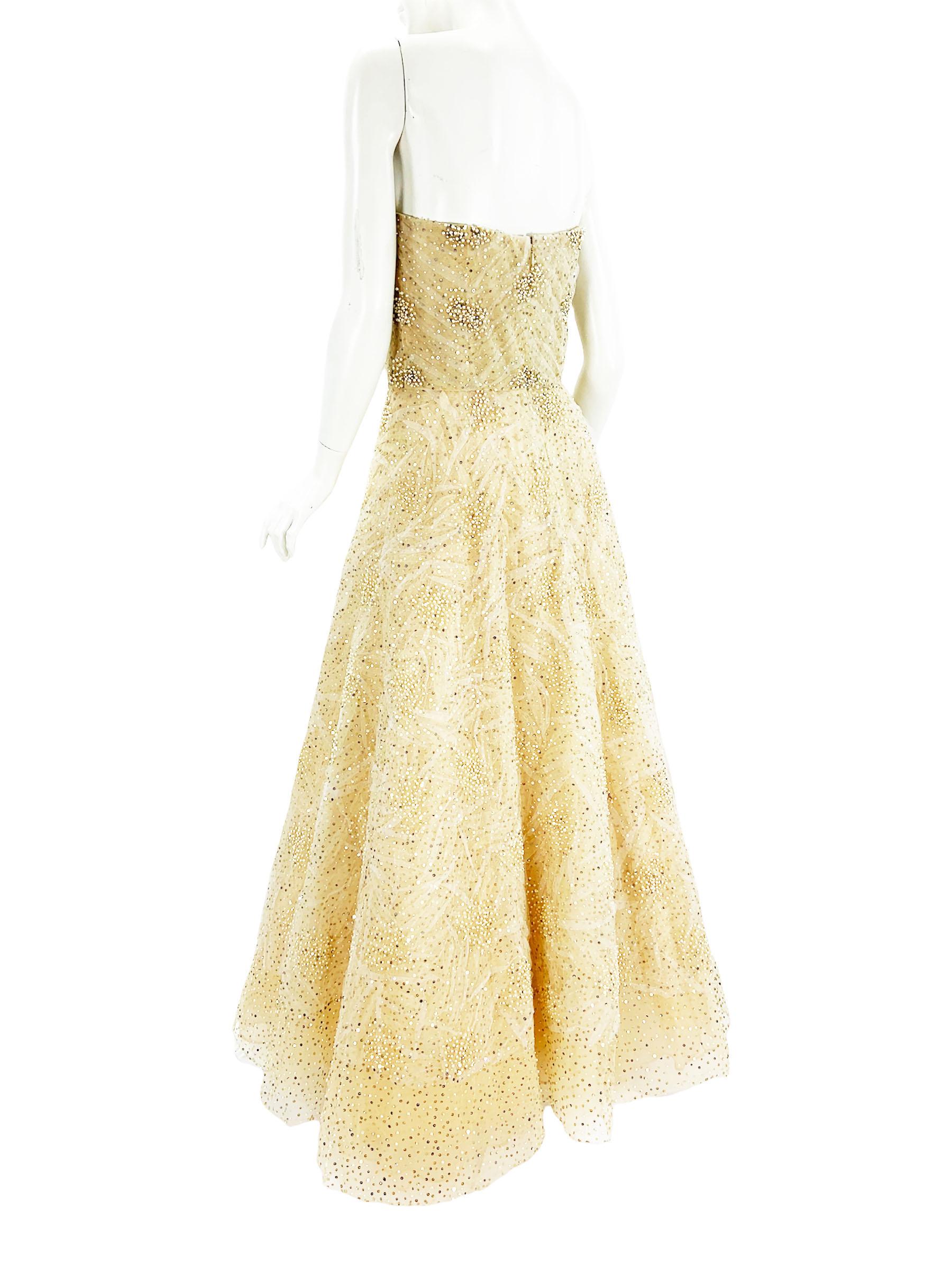 Beige NWT Oscar de la Renta 2008 Collection Champagne Fully Beaded Dress Gown US 8 For Sale