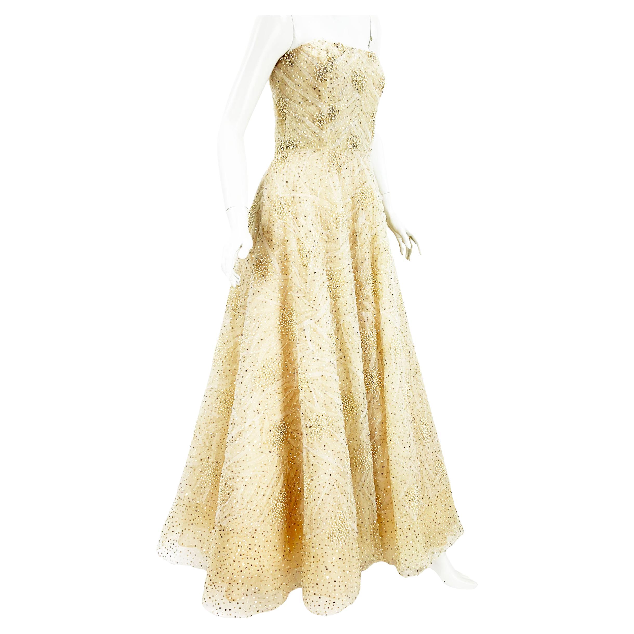 NWT Oscar de la Renta 2008 Collection Champagne Fully Beaded Dress Gown US 8 For Sale