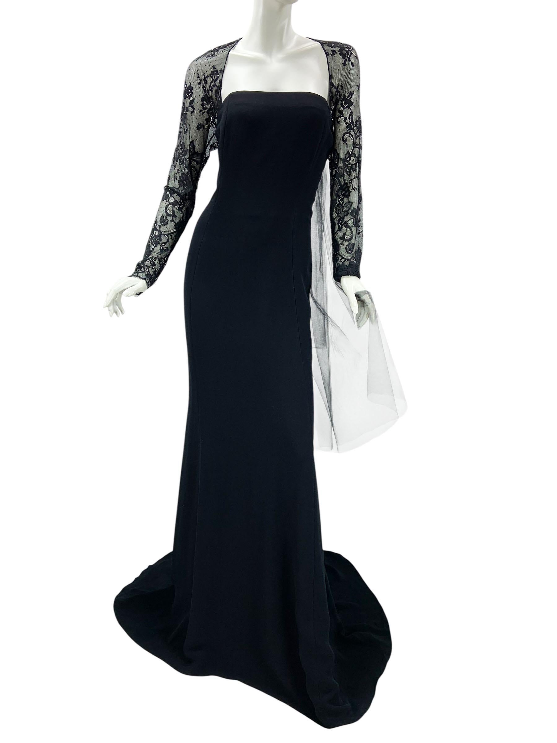 Nero NWT Oscar De La Renta 2022 Collection Abito in tulle nero con fiocco sul retro e pizzo floreale US 8 in vendita