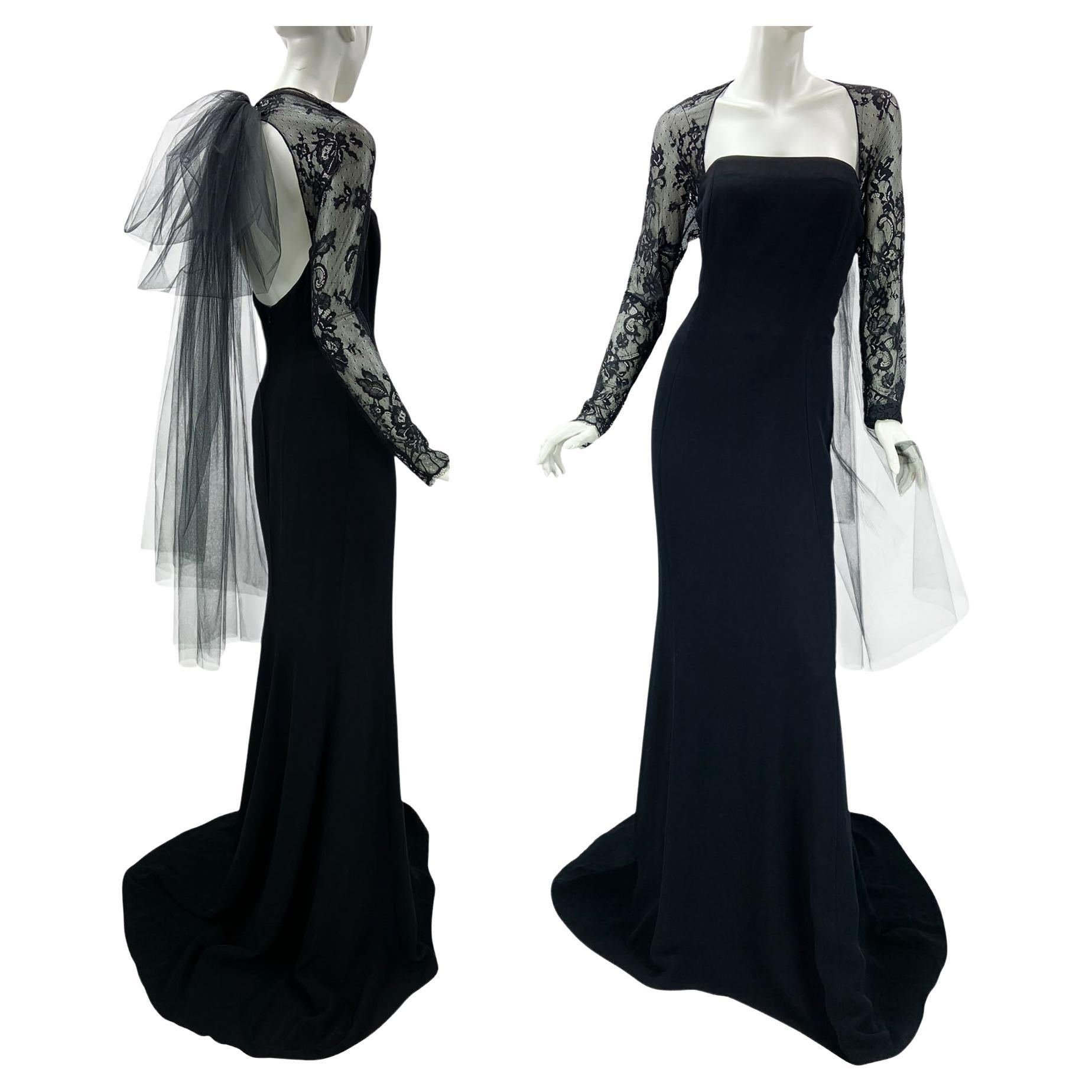 NWT Oscar de la Renta 2022 Collection Schwarz Tüll Schleife zurück Floral Spitze Kleid US 8