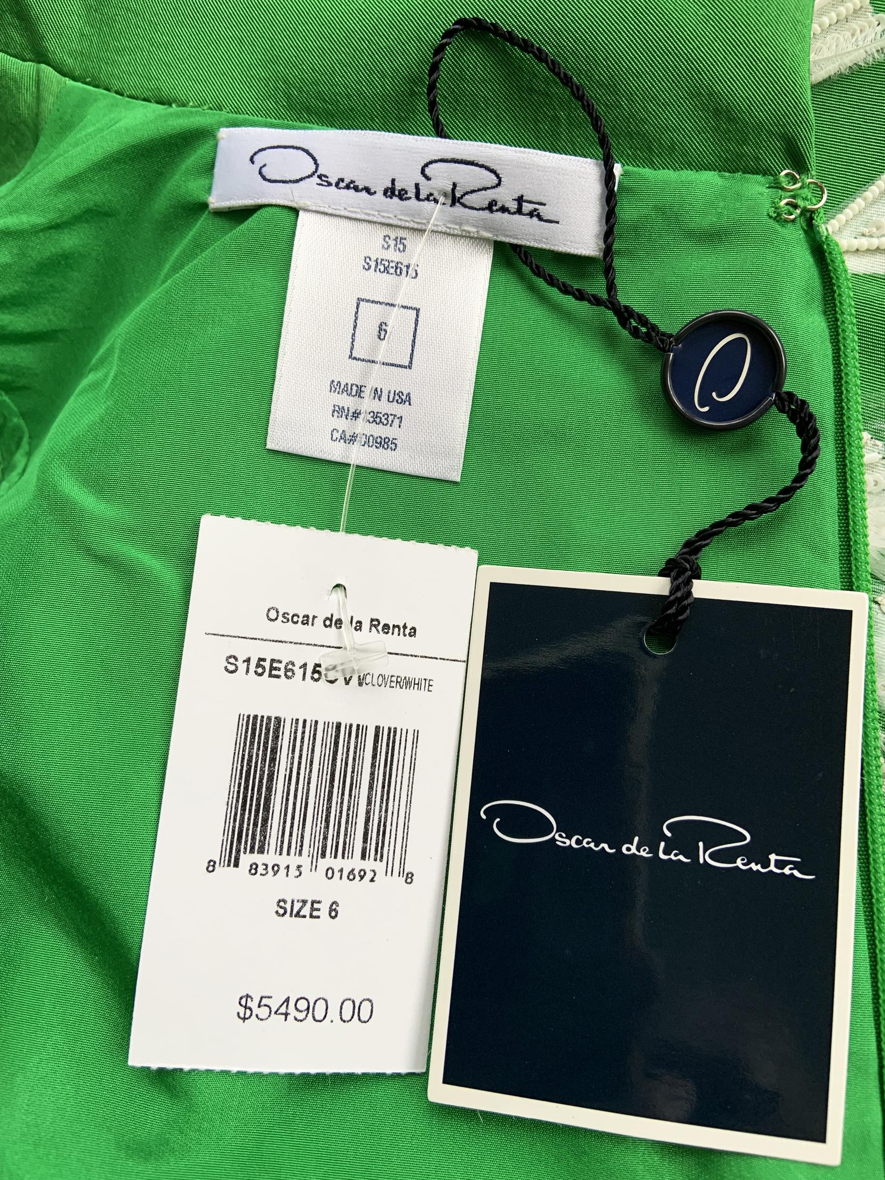 NWT Oscar de la Renta $5490 S/S 2015 Green Silk Taffeta Feather Beads Dress US 6 For Sale 5