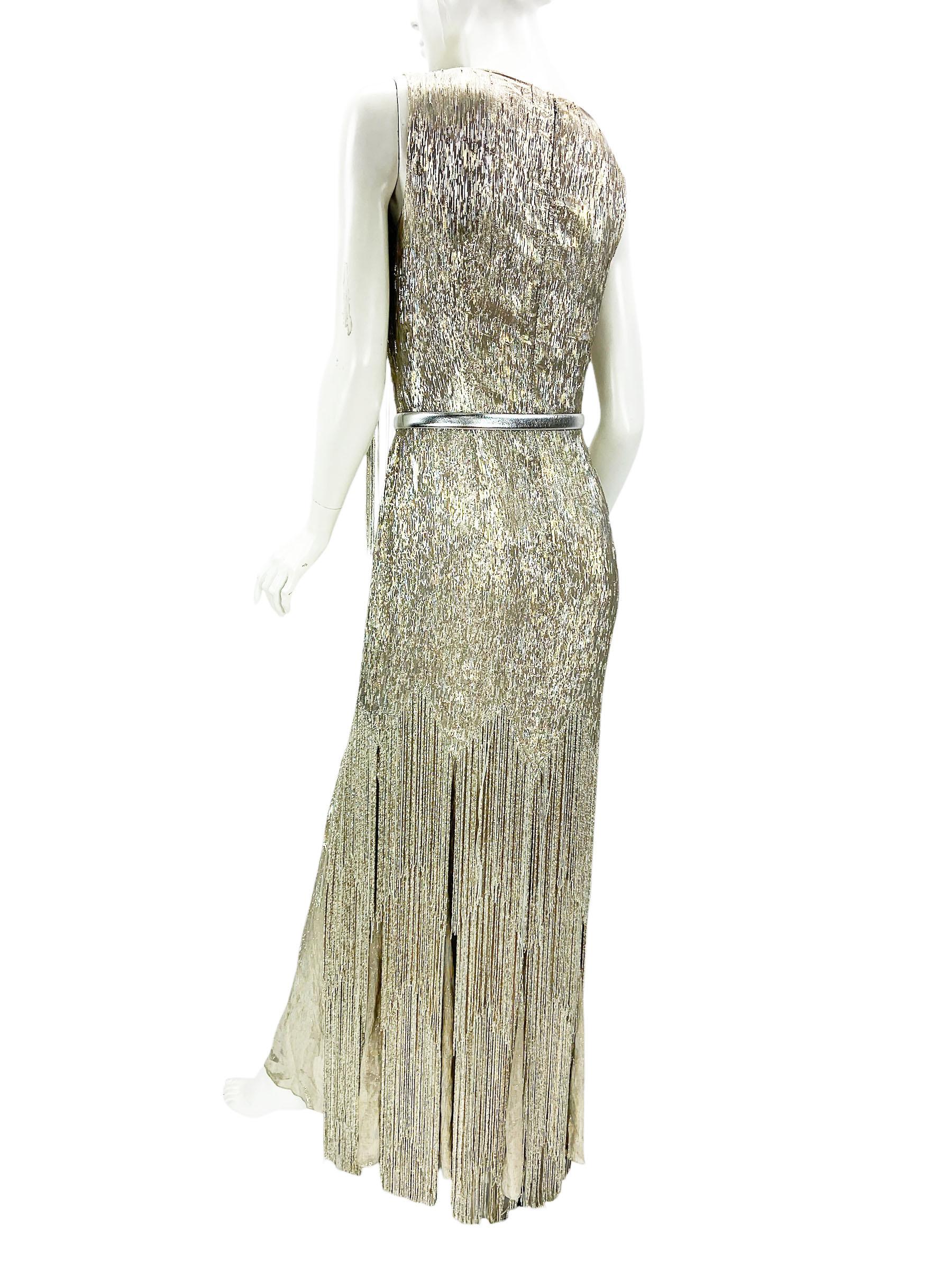 Robe Oscar de la Renta or argenté métallisé à franges perlées, neuve avec étiquette, portée par Amy Adams 4 en vente 9