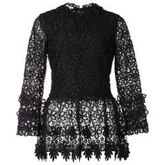 NWT Oscar De La Renta F/W 2016 Black Flower Guipure Lace Top Blouse US 8