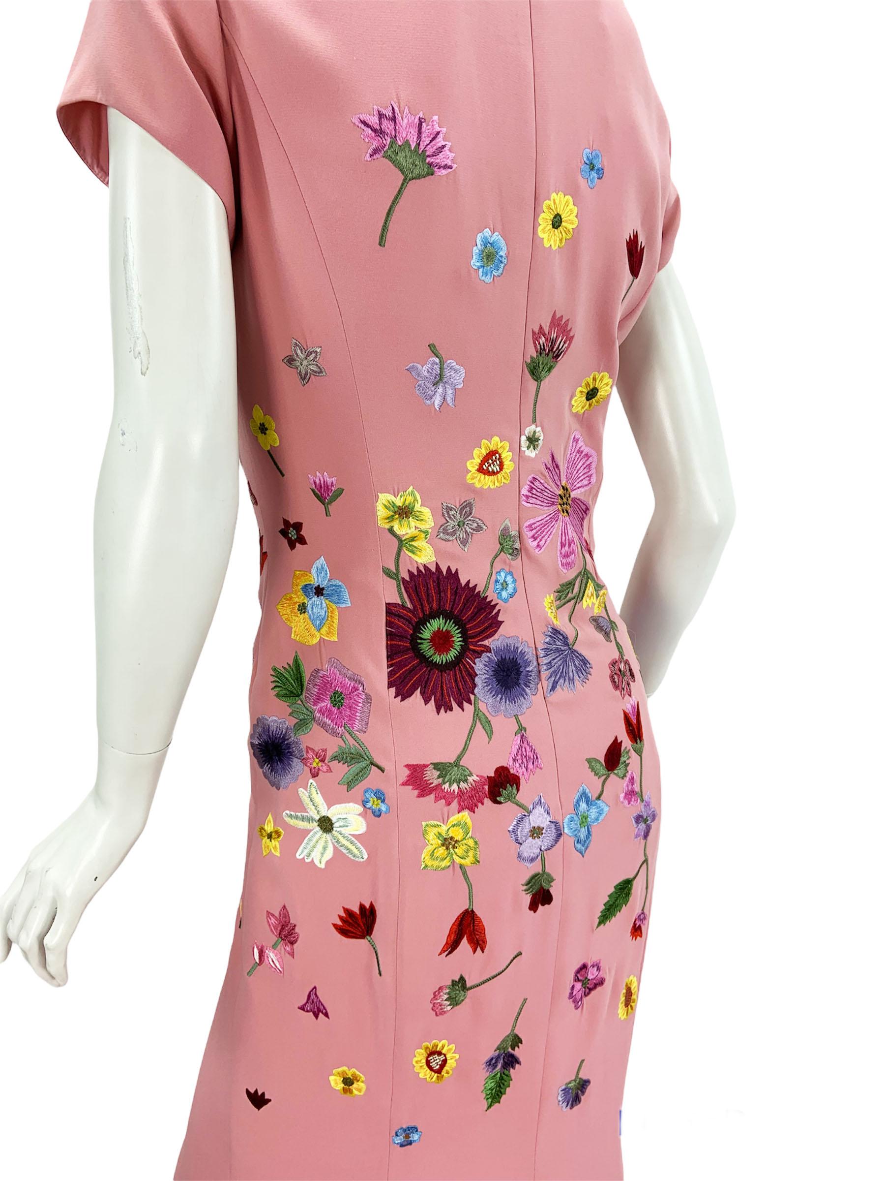 NWT Oscar De La Renta F/W 2021 Flower Embroidery Pink Maxi Silk Dress Gown 5