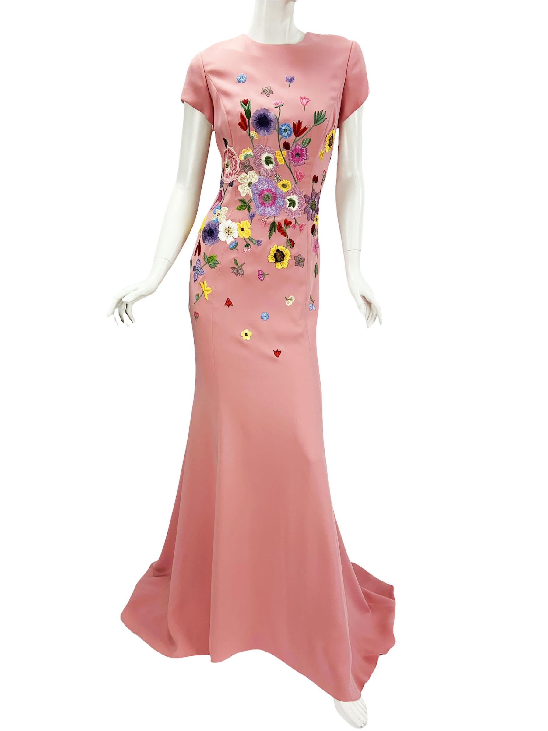NWT Oscar De La Renta F W 2021 Flower Embroidery Pink Maxi Silk Dress NWT Oscar De La Renta F W 2021 Flower Embroidery Pink Maxi Silk Dress