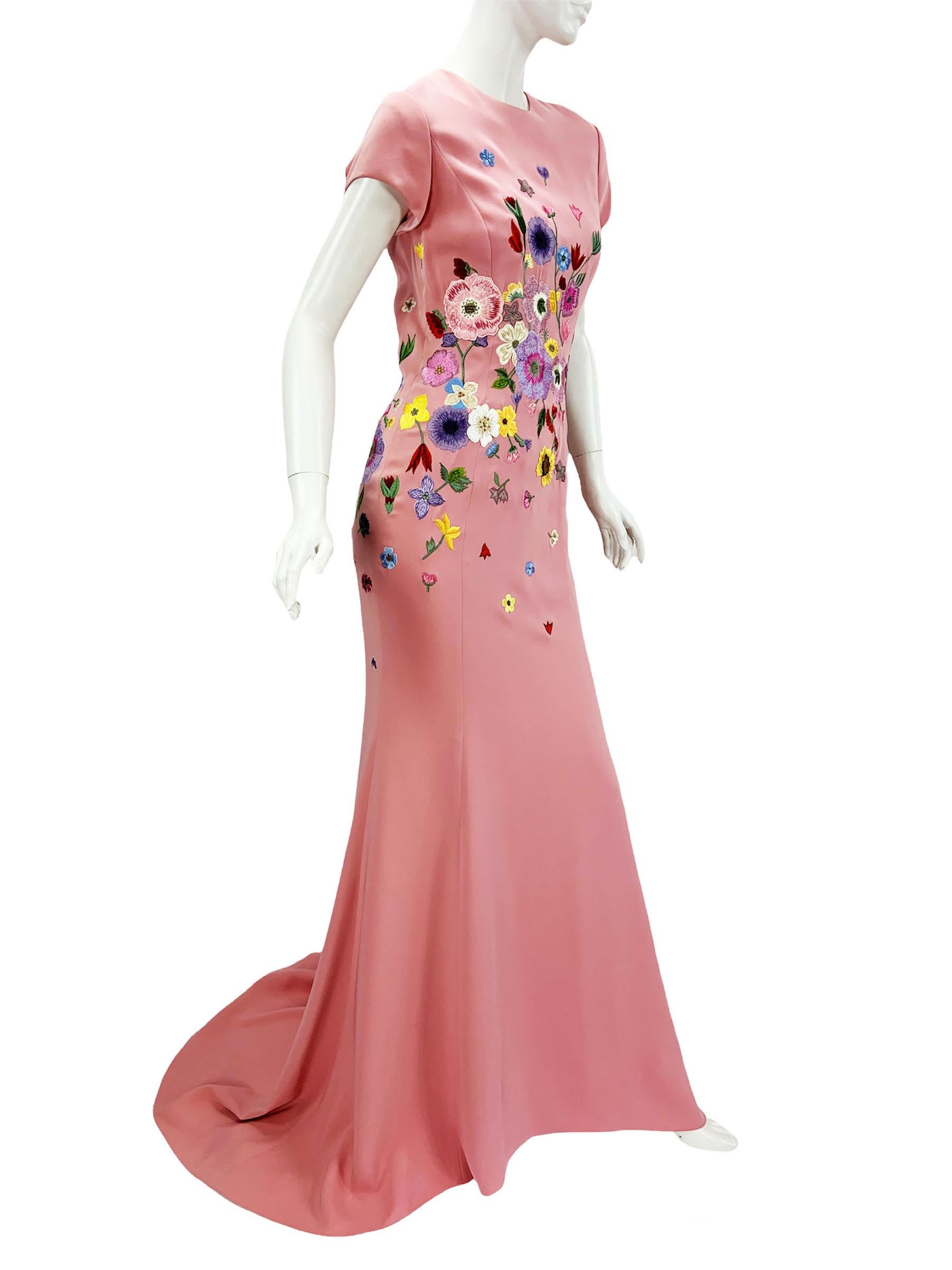 Brown NWT Oscar De La Renta F/W 2021 Flower Embroidery Pink Maxi Silk Dress Gown