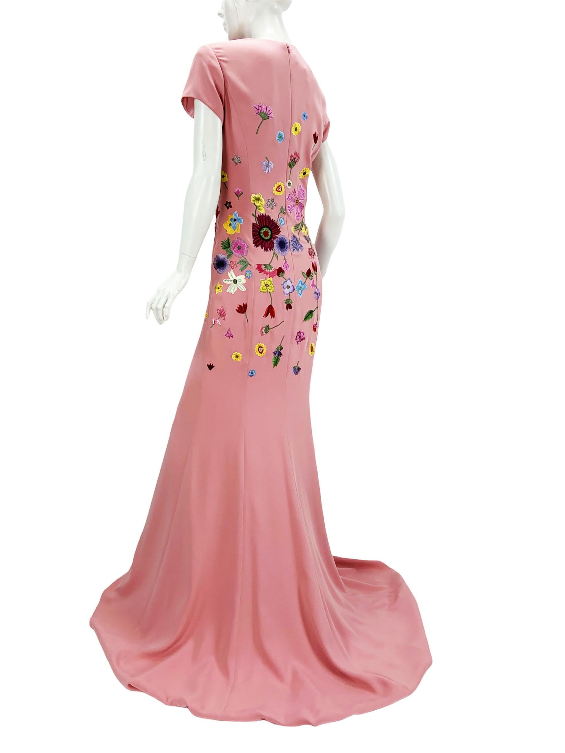 Women's NWT Oscar De La Renta F/W 2021 Flower Embroidery Pink Maxi Silk Dress Gown