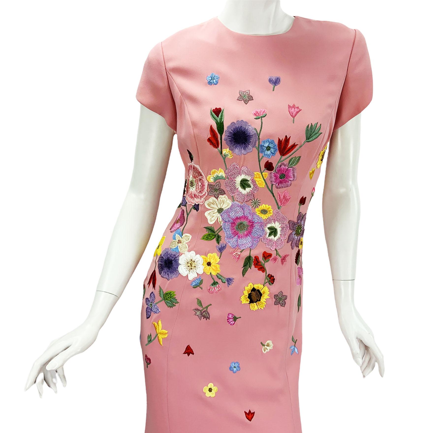 NWT Oscar De La Renta F/W 2021 Flower Embroidery Pink Maxi Silk Dress Gown 1