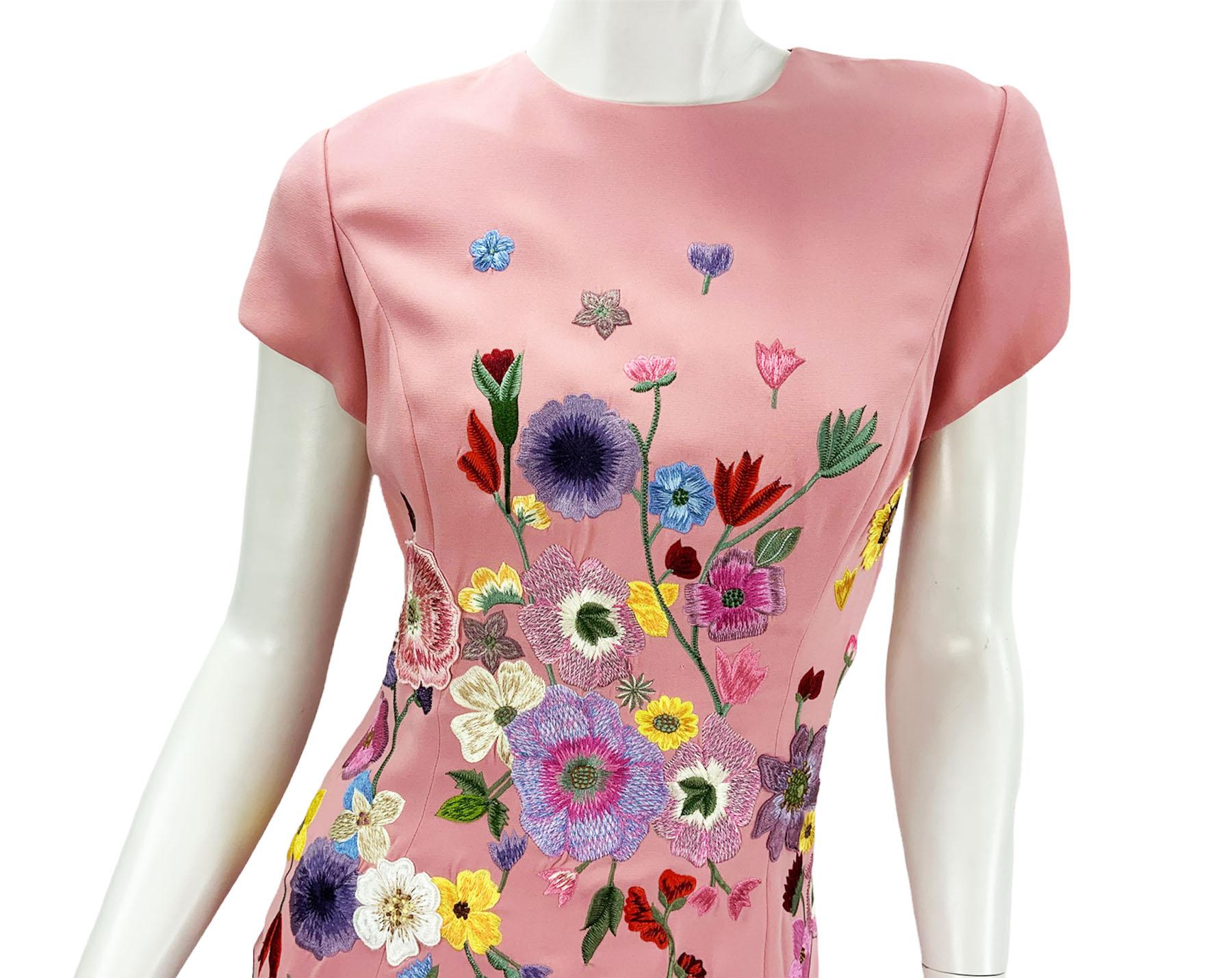 NWT Oscar De La Renta F/W 2021 Flower Embroidery Pink Maxi Silk Dress Gown 2