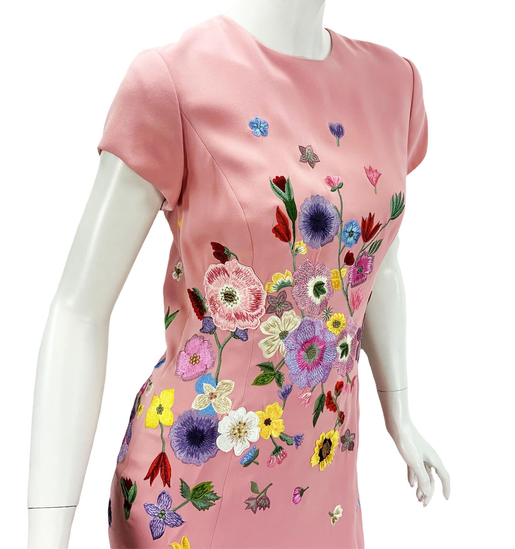 NWT Oscar De La Renta F/W 2021 Flower Embroidery Pink Maxi Silk Dress Gown 3