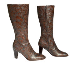 NWT Oscar de la Renta Floral Tooled Leather Brown Gray Knee Boots Italian 37