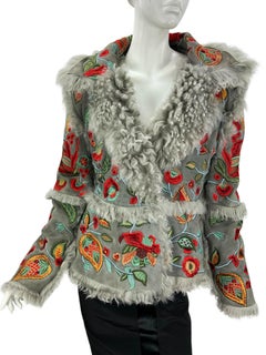 NWT Oscar de la Renta FW 2013 Pearl Gray Fully Embroidered Shearling Jacket US 8