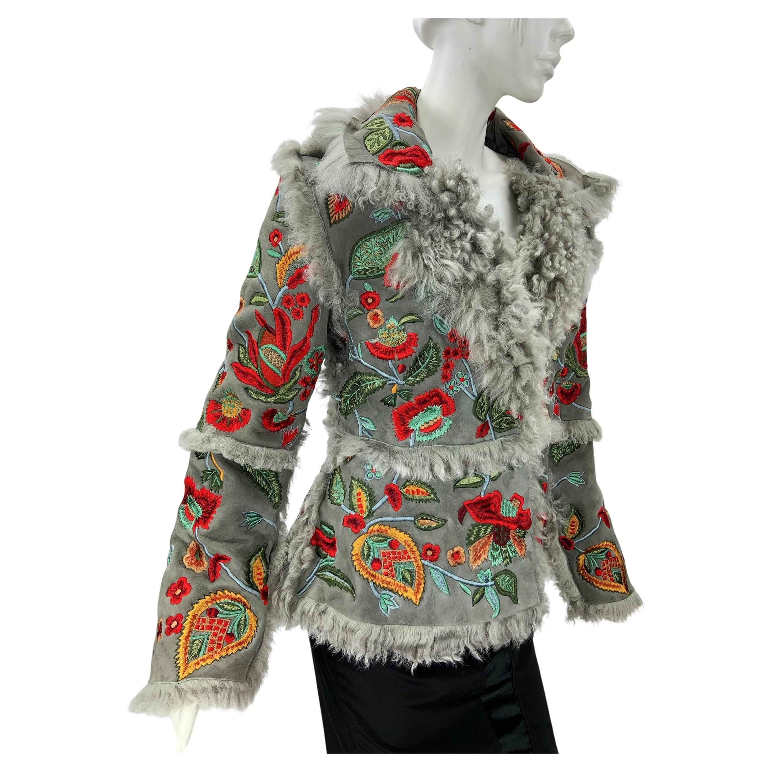 NWT Oscar de la Renta FW 2013 Pearl Gray Fully Embroidered Shearling Jacket US 8 For Sale
