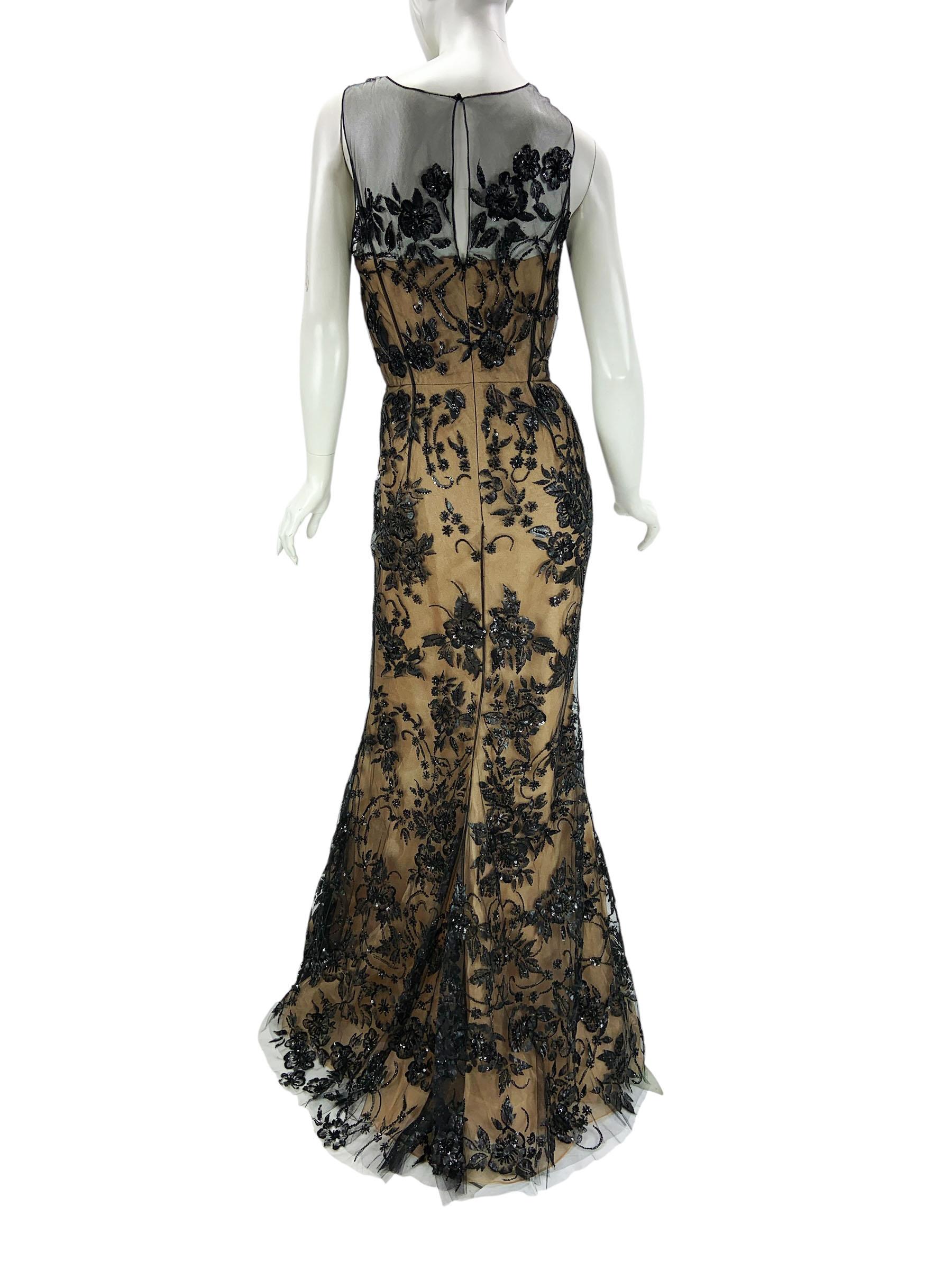 Donna NWT Oscar De La Renta FW 2014 Abito in tulle nero completamente ricamato US 6 in vendita