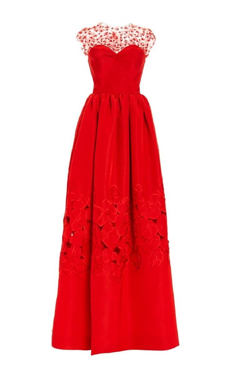 NWT Oscar de la Renta Red Silk Taffeta Laser-Cut Embroidery Illusion Dress US 8 en Nuevo estado para la venta en Montgomery, TX