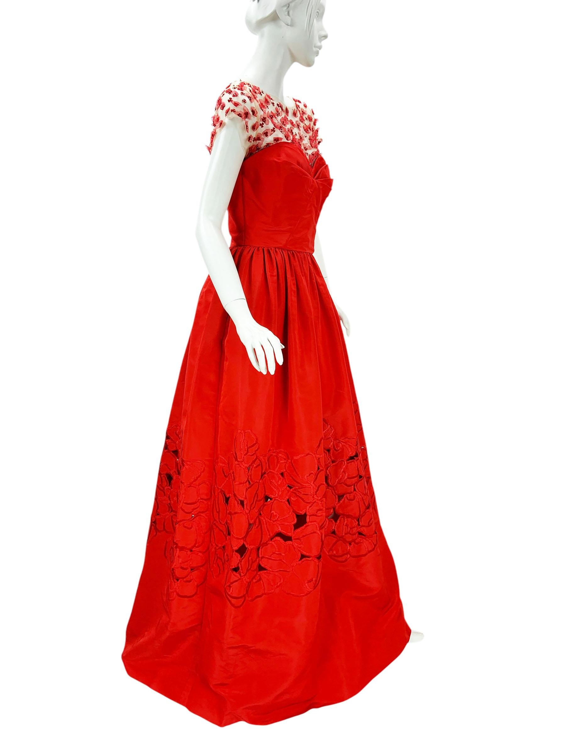 NWT Oscar de la Renta Red Silk Taffeta Laser-Cut Embroidery Illusion Dress US 8 en venta 1