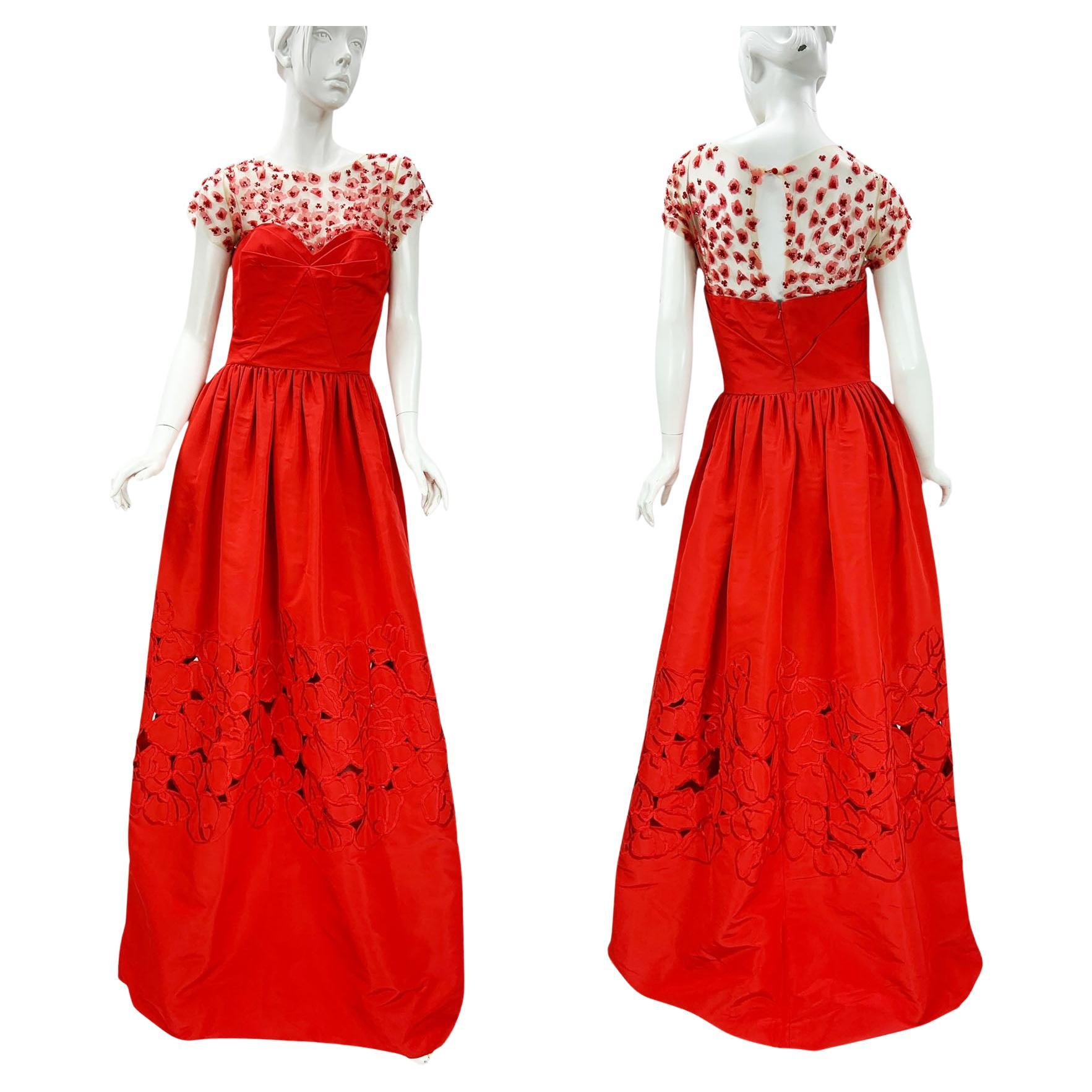 NWT Oscar de la Renta Red Silk Taffeta Laser-Cut Embroidery Illusion Dress US 8 en venta