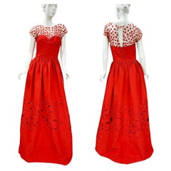 NWT Oscar de la Renta Red Silk Taffeta Laser-Cut Embroidery Illusion Dress US 8