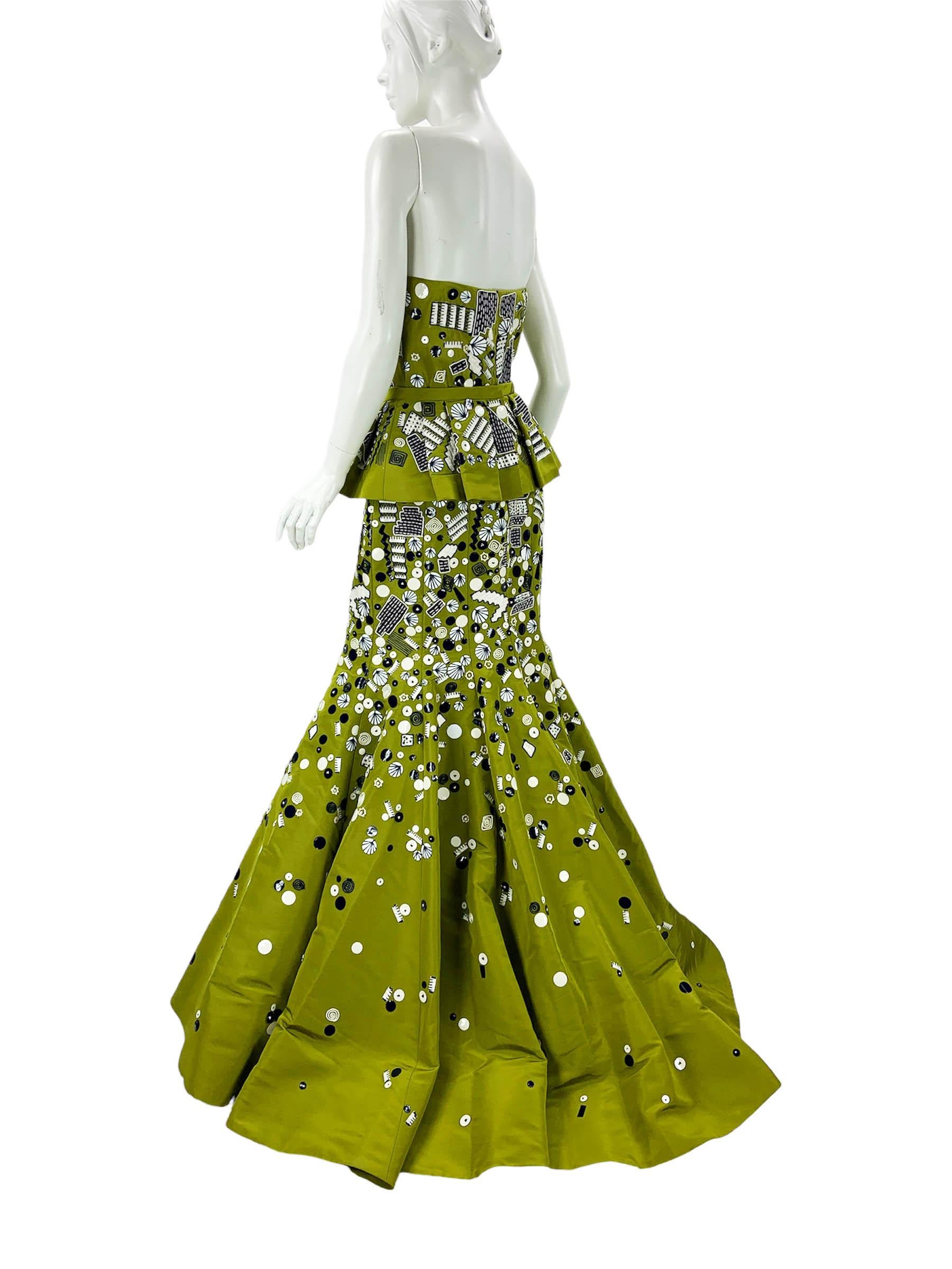 NWT Oscar de la Renta S/S 2009 Green Embellished Silk Taffeta Peplum Dress US 10 In New Condition For Sale In Montgomery, TX