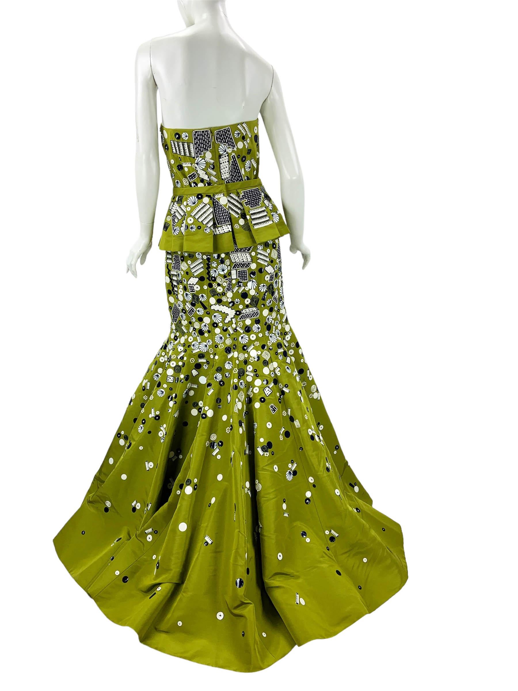 Women's NWT Oscar de la Renta S/S 2009 Green Embellished Silk Taffeta Peplum Dress US 10 For Sale