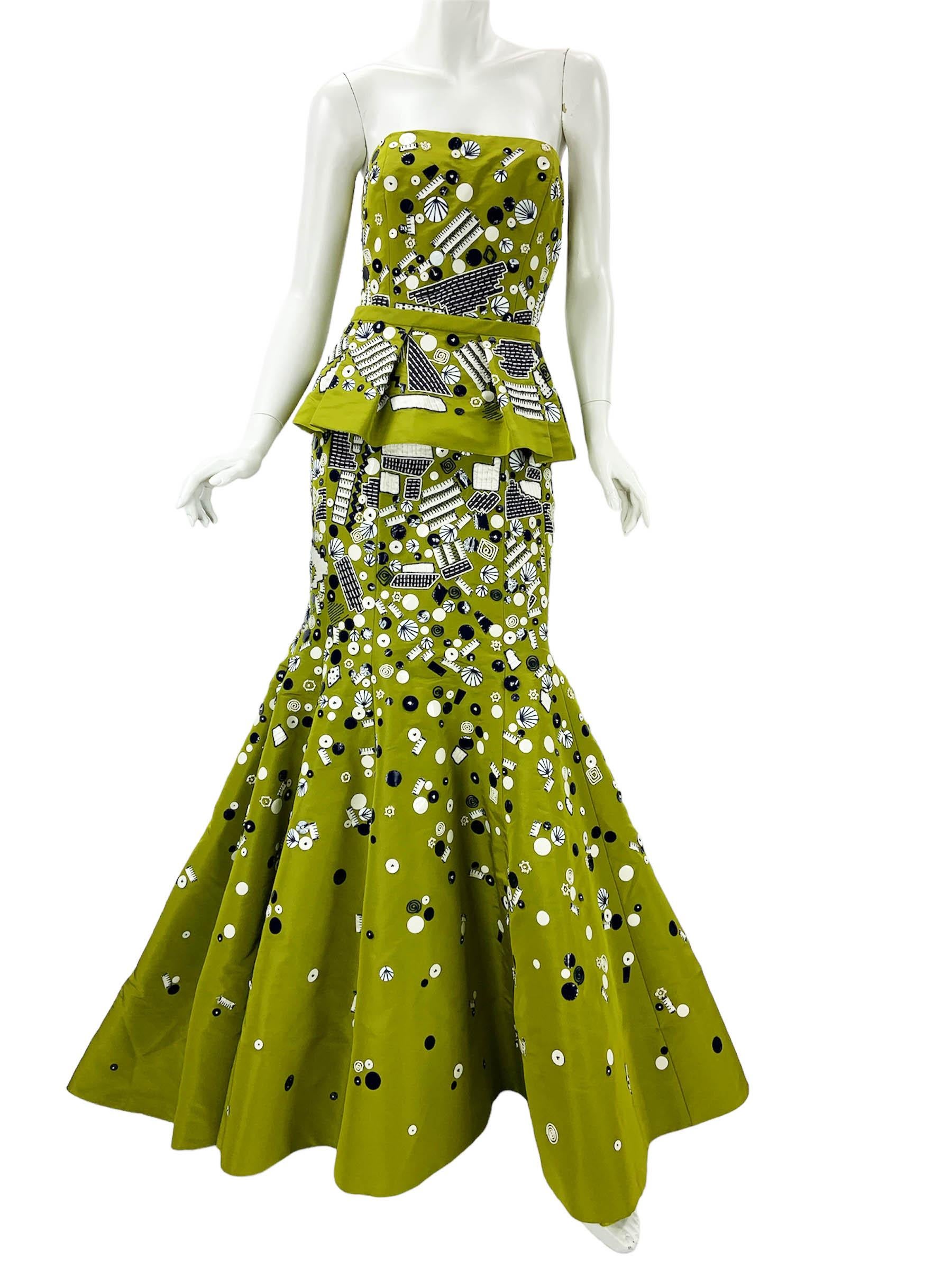 NEU Oscar de la Renta F/S 2009 Grünes verziertes Seidentaft-Schößchenkleid mit Schößchen, US 10 im Angebot 1