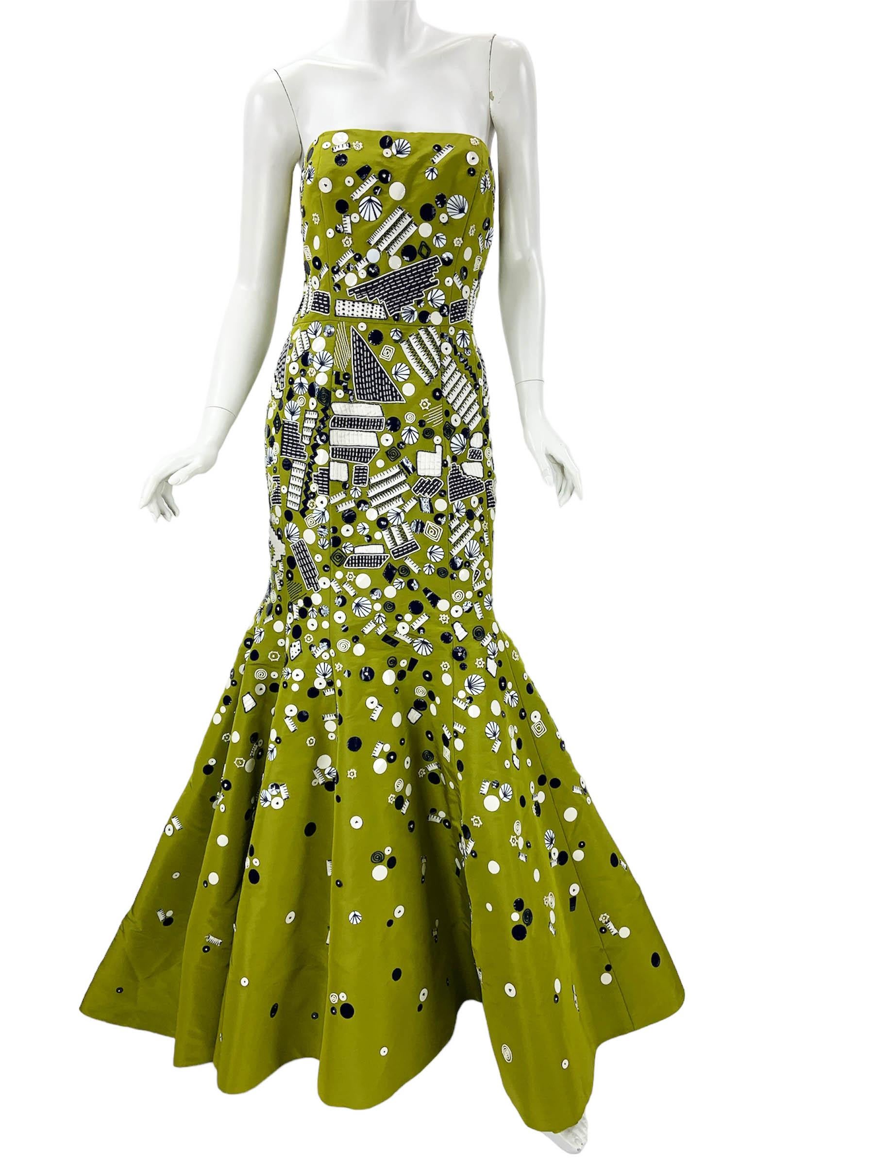 NEU Oscar de la Renta F/S 2009 Grünes verziertes Seidentaft-Schößchenkleid mit Schößchen, US 10 im Angebot 2