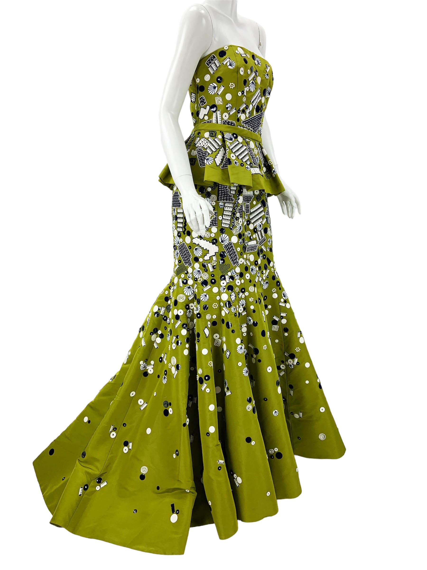 NEU Oscar de la Renta F/S 2009 Grünes verziertes Seidentaft-Schößchenkleid mit Schößchen, US 10 im Angebot 3