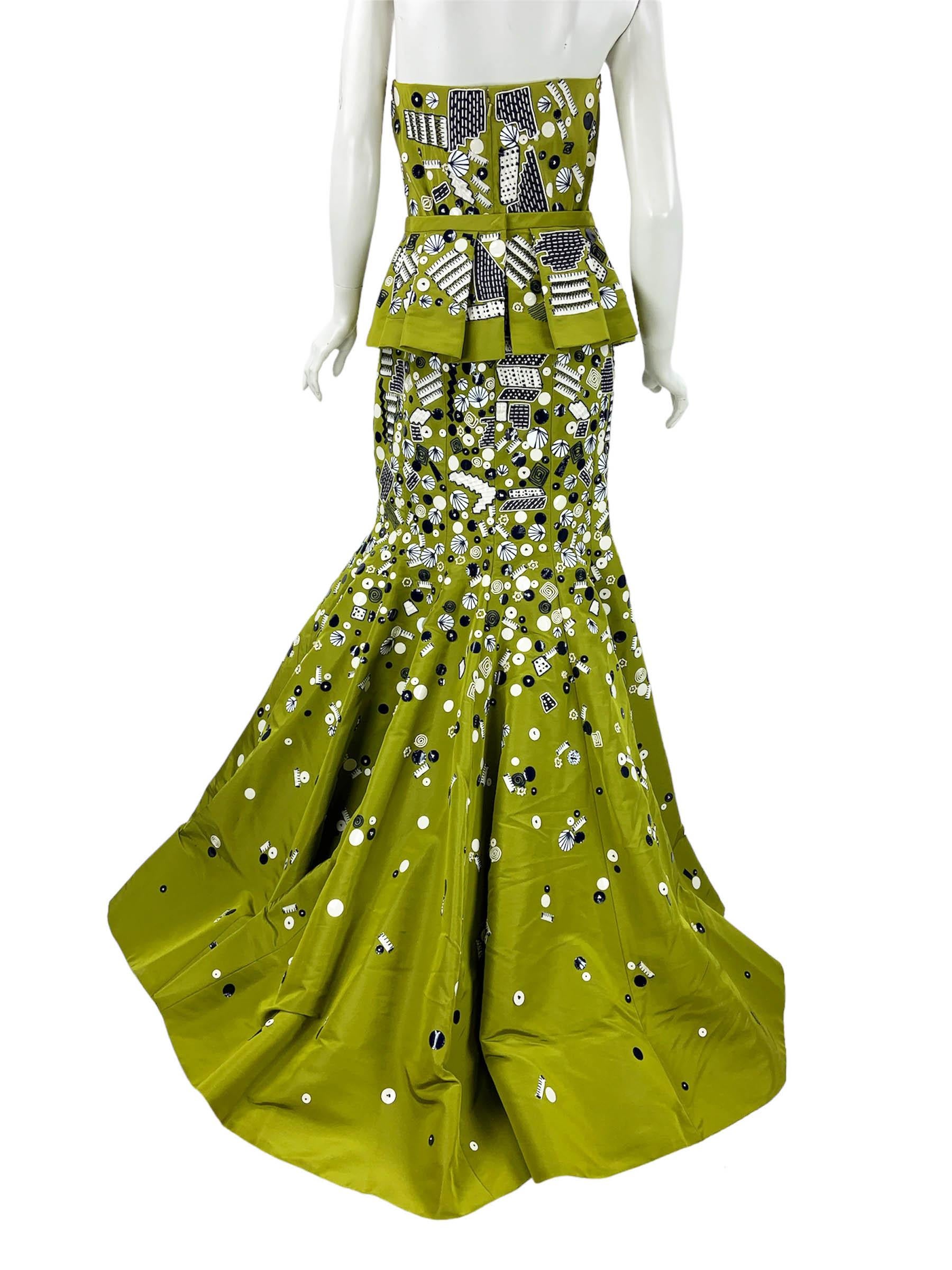 NEU Oscar de la Renta F/S 2009 Grünes verziertes Seidentaft-Schößchenkleid mit Schößchen, US 10 im Angebot 5