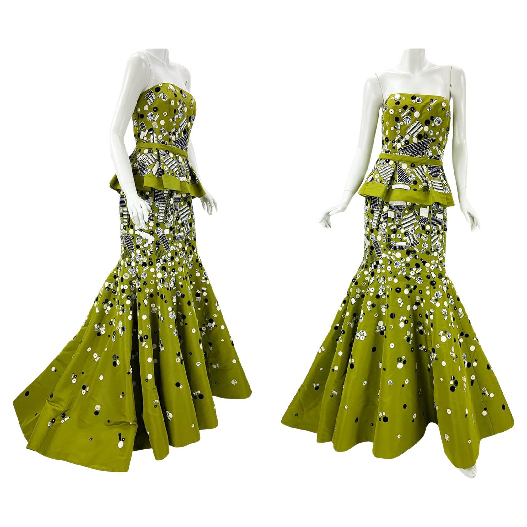 NWT Oscar de la Renta S/S 2009 Green Embellished Silk Taffeta Peplum Dress US 10 For Sale