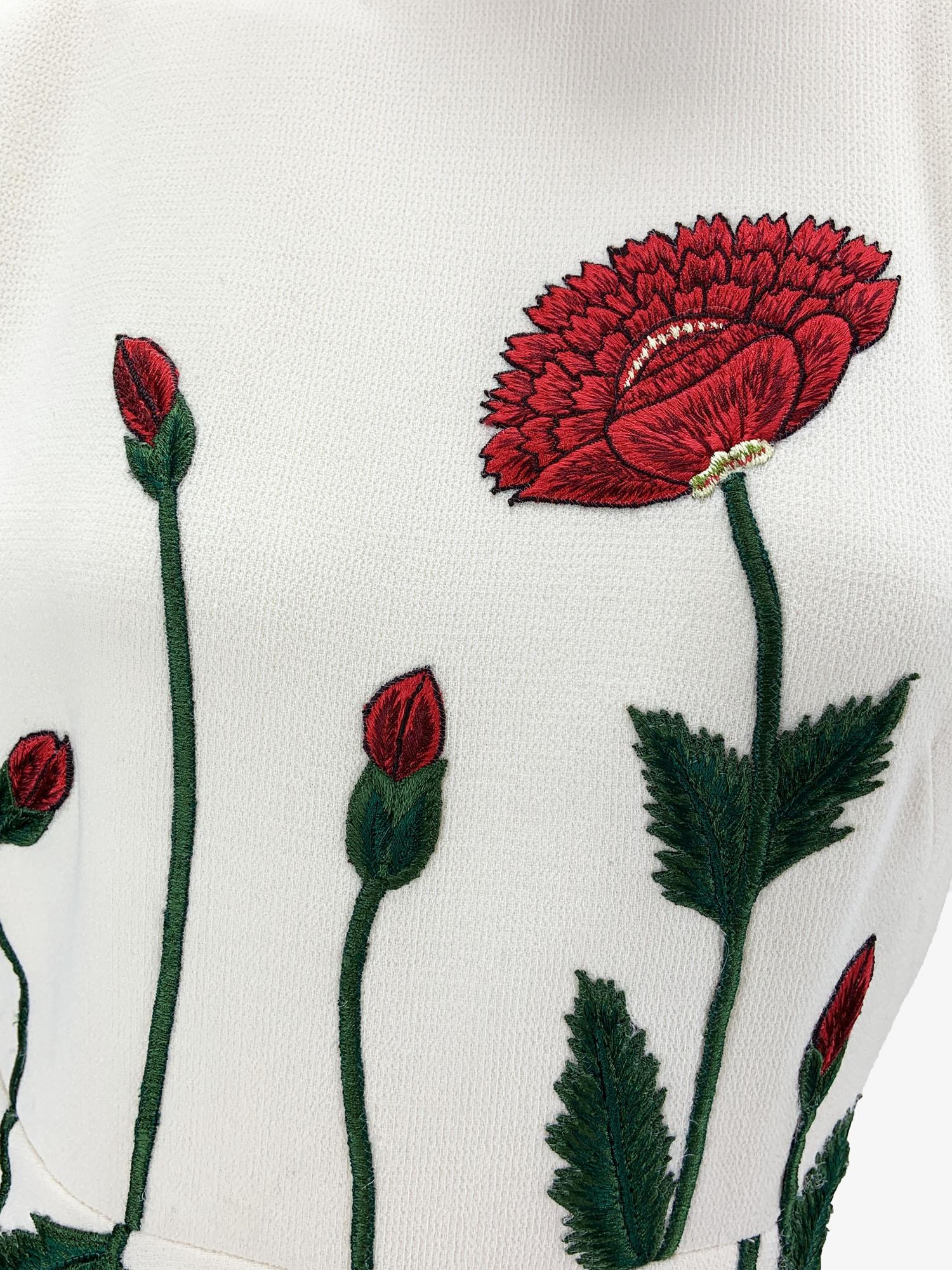 NWT Oscar de la Renta S/S 2019 Poppy Embroidered Stretch-Wool Crepe Dress US 10 For Sale 2