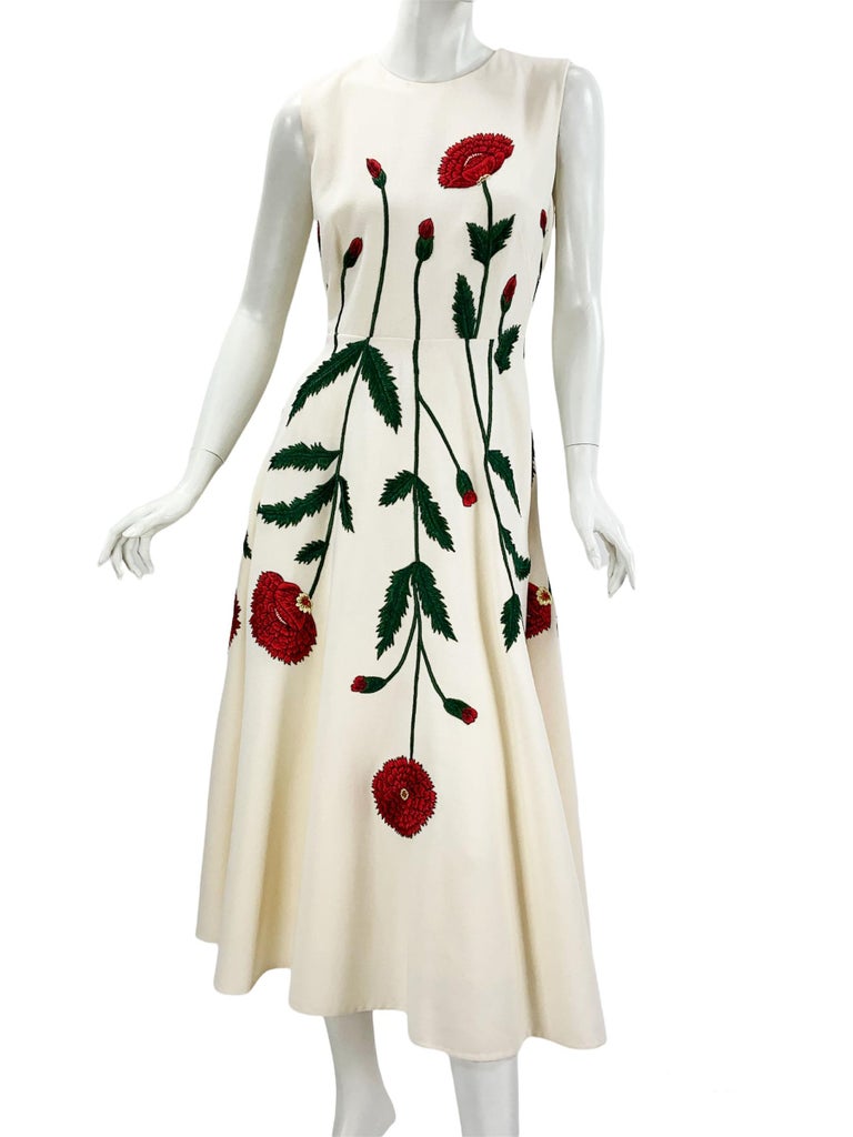 oscar de la renta white dress with red flowers Belted pleated floral-print cotton-blend poplin midi dress - white