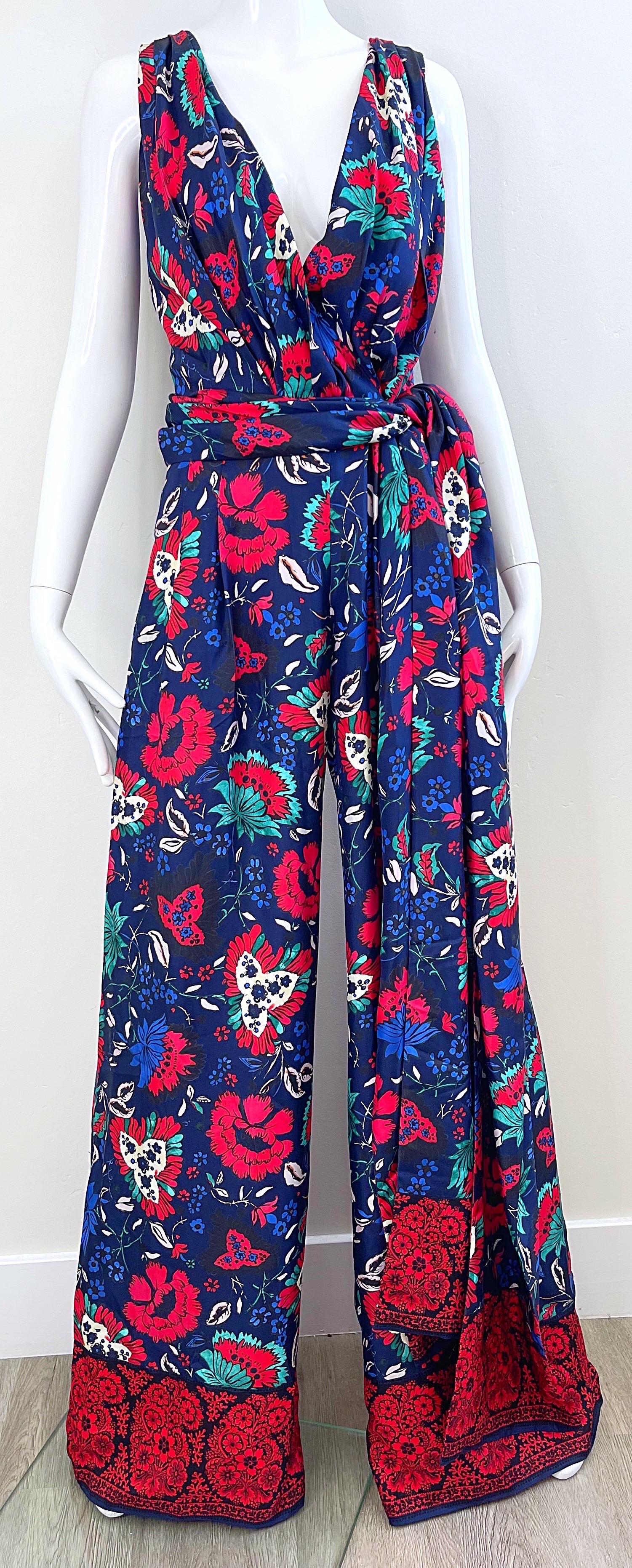 NWT Oscar de la Renta Size 8 Silk Wide Leg Navy Blue Red Floral Jumpsuit For Sale 6