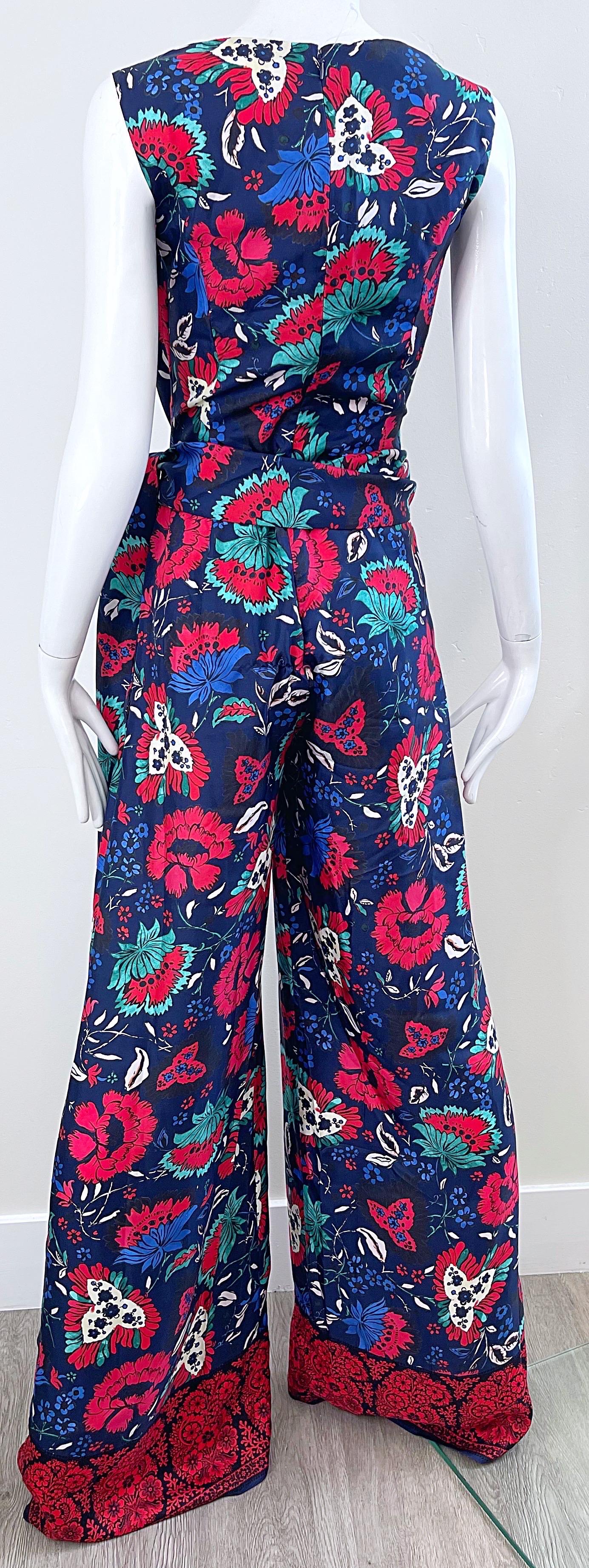 NWT Oscar de la Renta Size 8 Silk Wide Leg Navy Blue Red Floral Jumpsuit For Sale 7