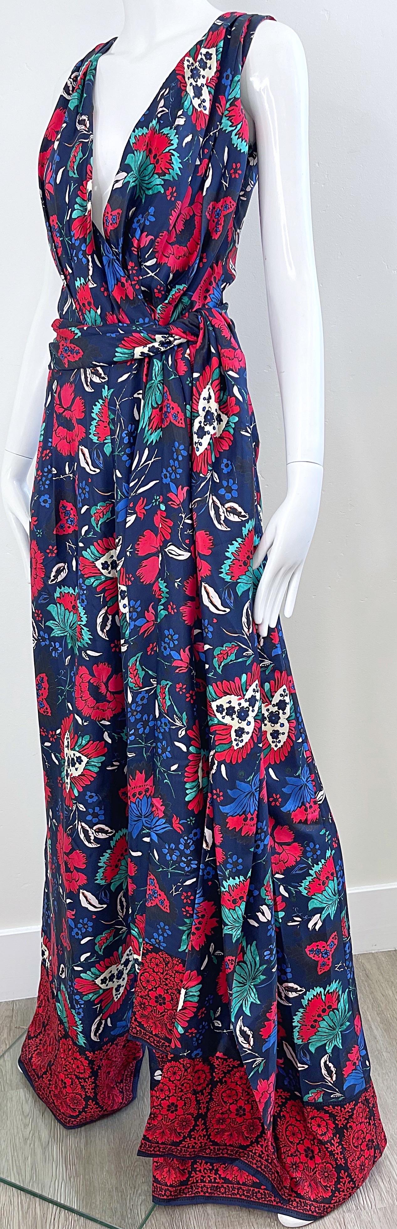 NWT Oscar de la Renta Size 8 Silk Wide Leg Navy Blue Red Floral Jumpsuit For Sale 10