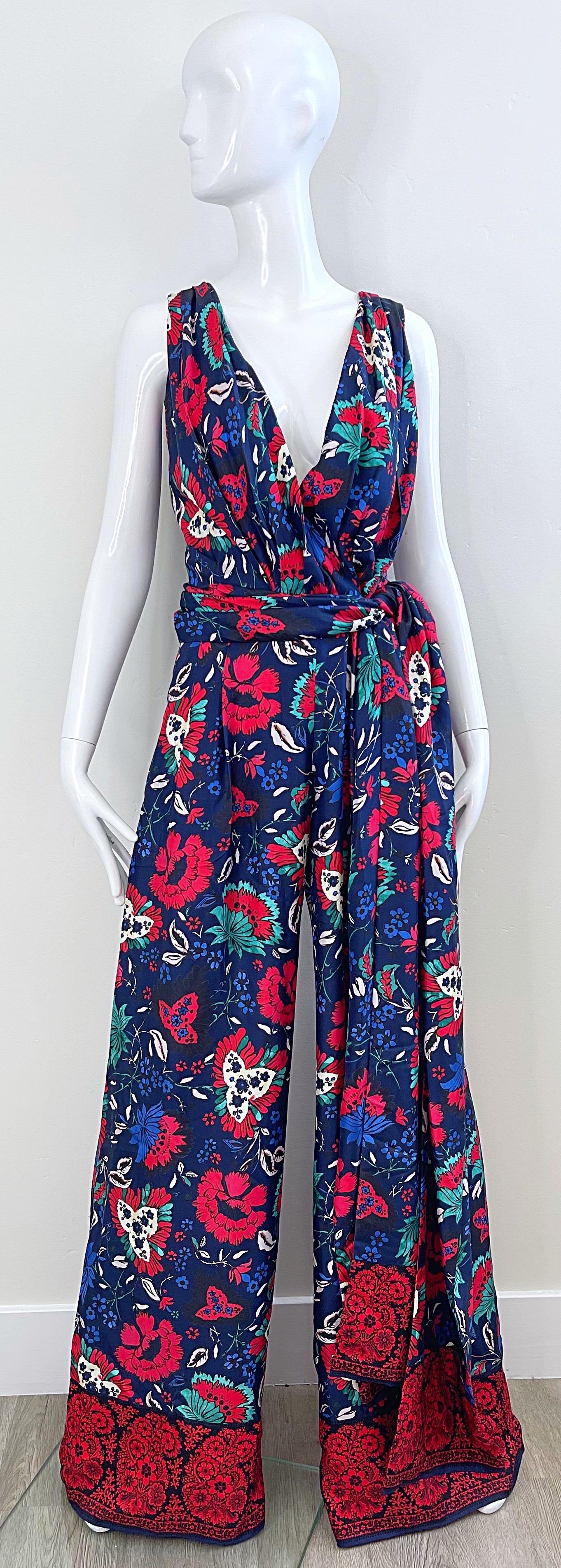 NWT Oscar de la Renta Size 8 Silk Wide Leg Navy Blue Red Floral Jumpsuit For Sale 11