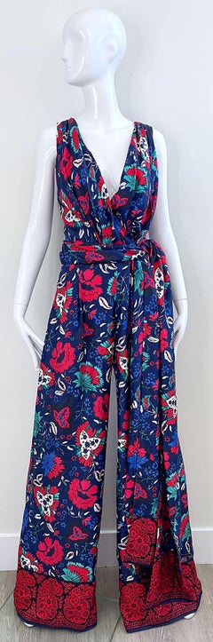 NWT Oscar de la Renta Size 8 Silk Wide Leg Navy Blue Red Floral Jumpsuit