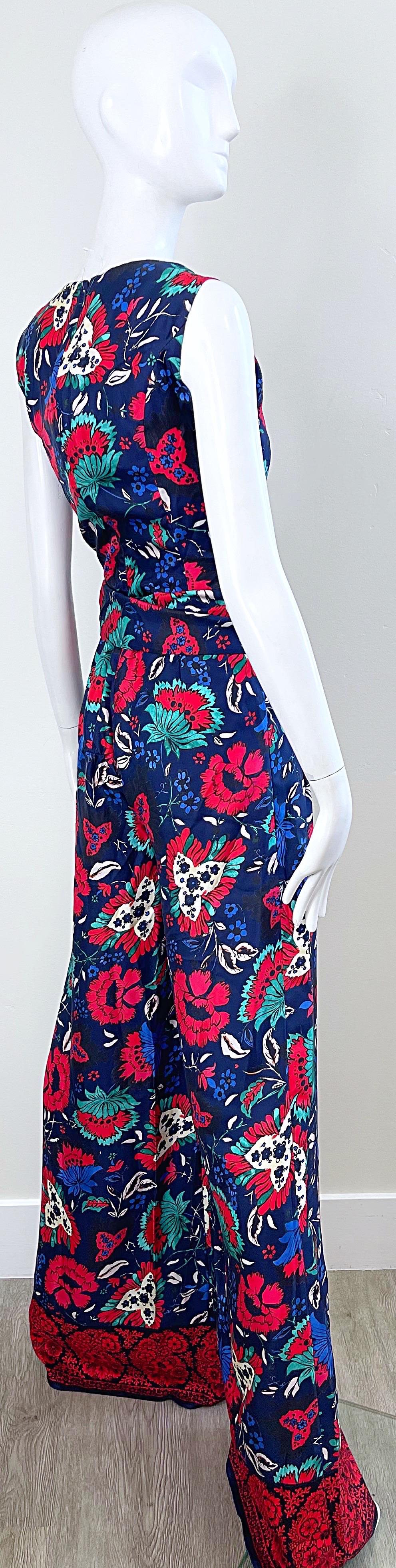 Women's NWT Oscar de la Renta Size 8 Silk Wide Leg Navy Blue Red Floral Jumpsuit For Sale