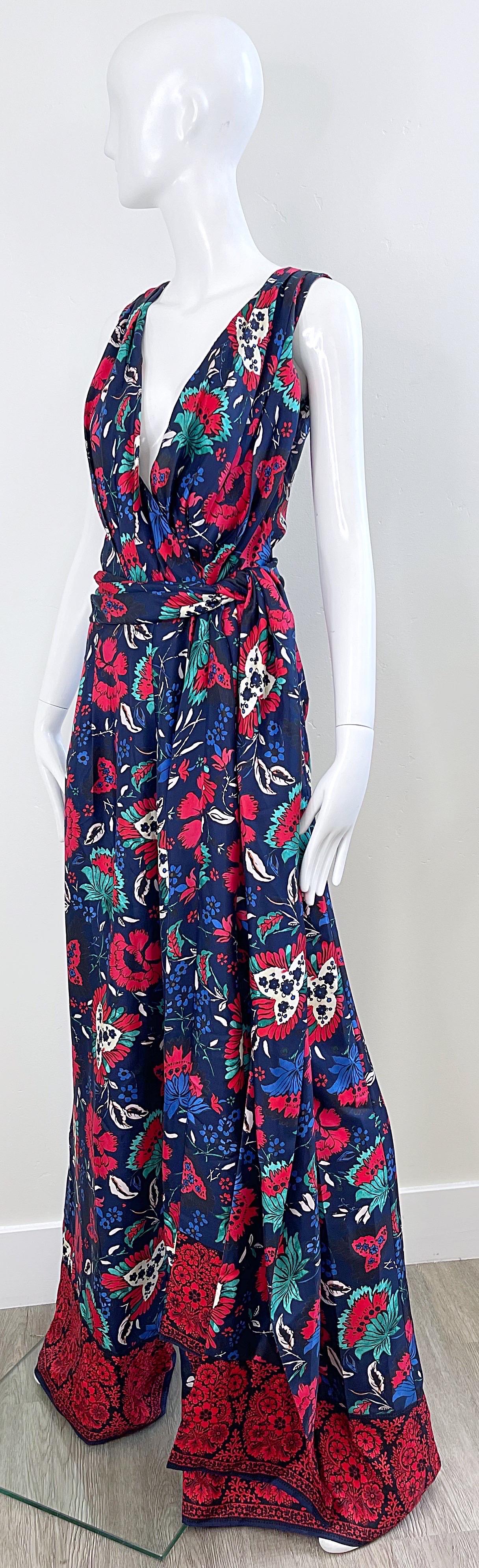 NWT Oscar de la Renta Size 8 Silk Wide Leg Navy Blue Red Floral Jumpsuit For Sale 3