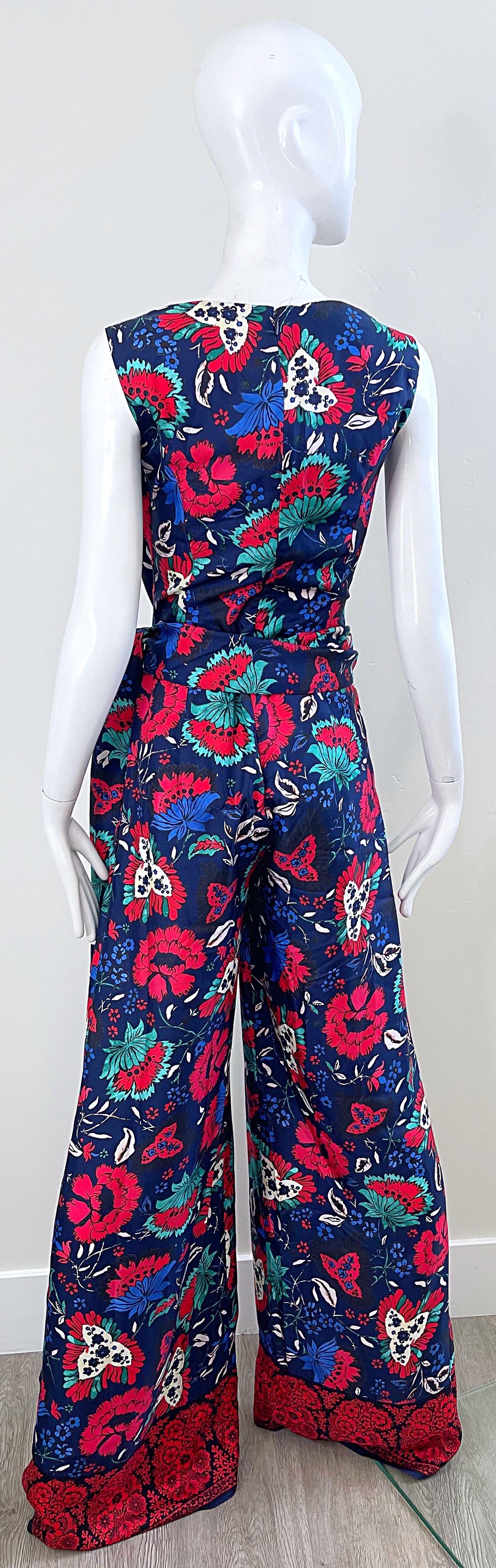 NWT Oscar de la Renta Size 8 Silk Wide Leg Navy Blue Red Floral Jumpsuit For Sale 4