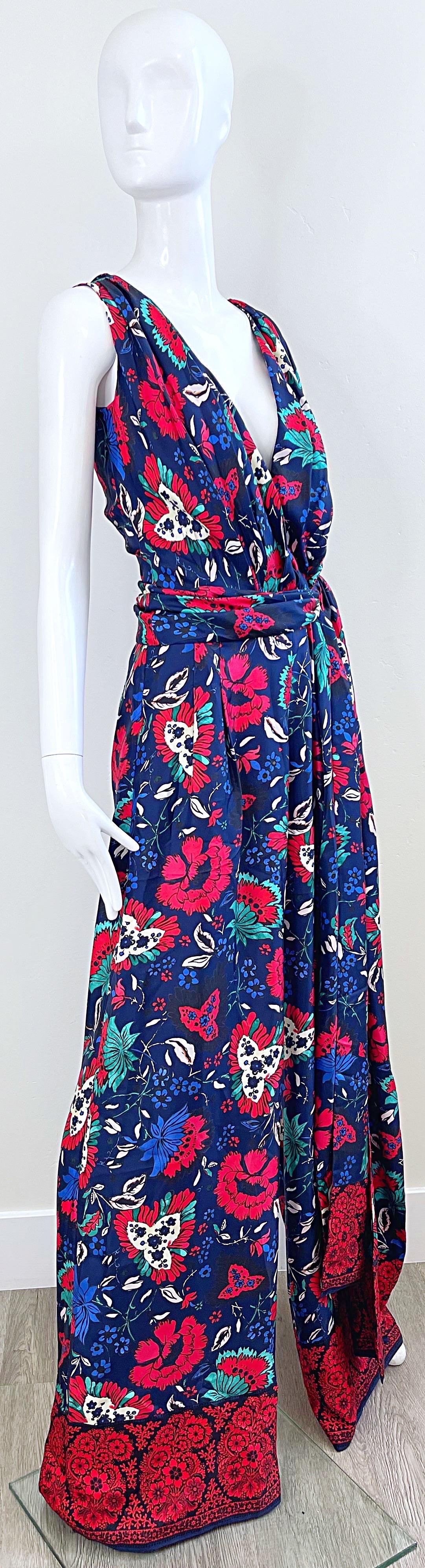 NWT Oscar de la Renta Size 8 Silk Wide Leg Navy Blue Red Floral Jumpsuit For Sale 5