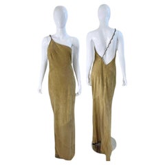 NWT Pamela Dennis Couture Suede Leather Tan One Shoulder Rhinestone Gown Dress