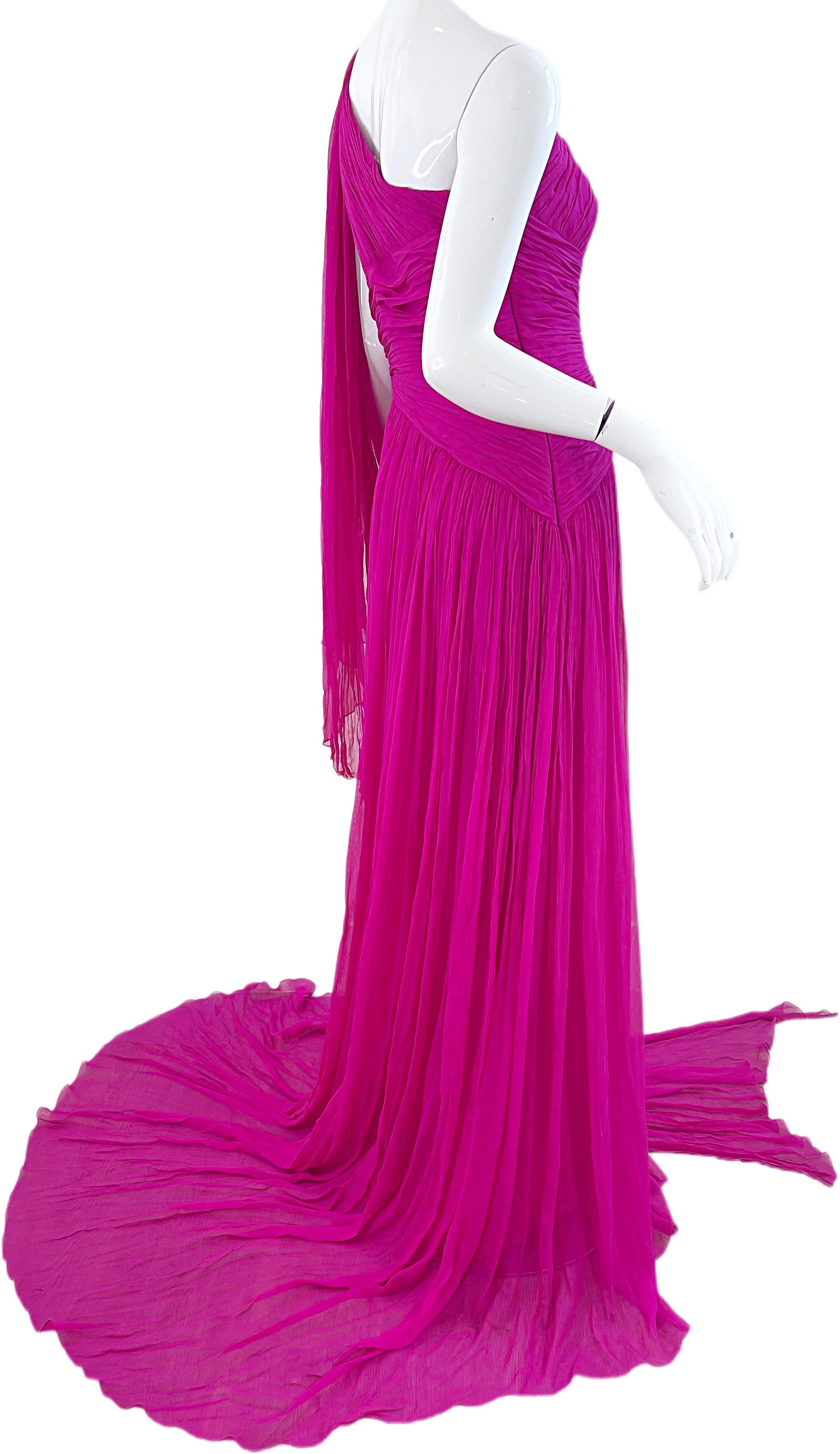NWT Pamella Roland Spring 2018 Sz 6 / 8 Hot Pink Silk Chiffon One Shoulder Gown For Sale 6