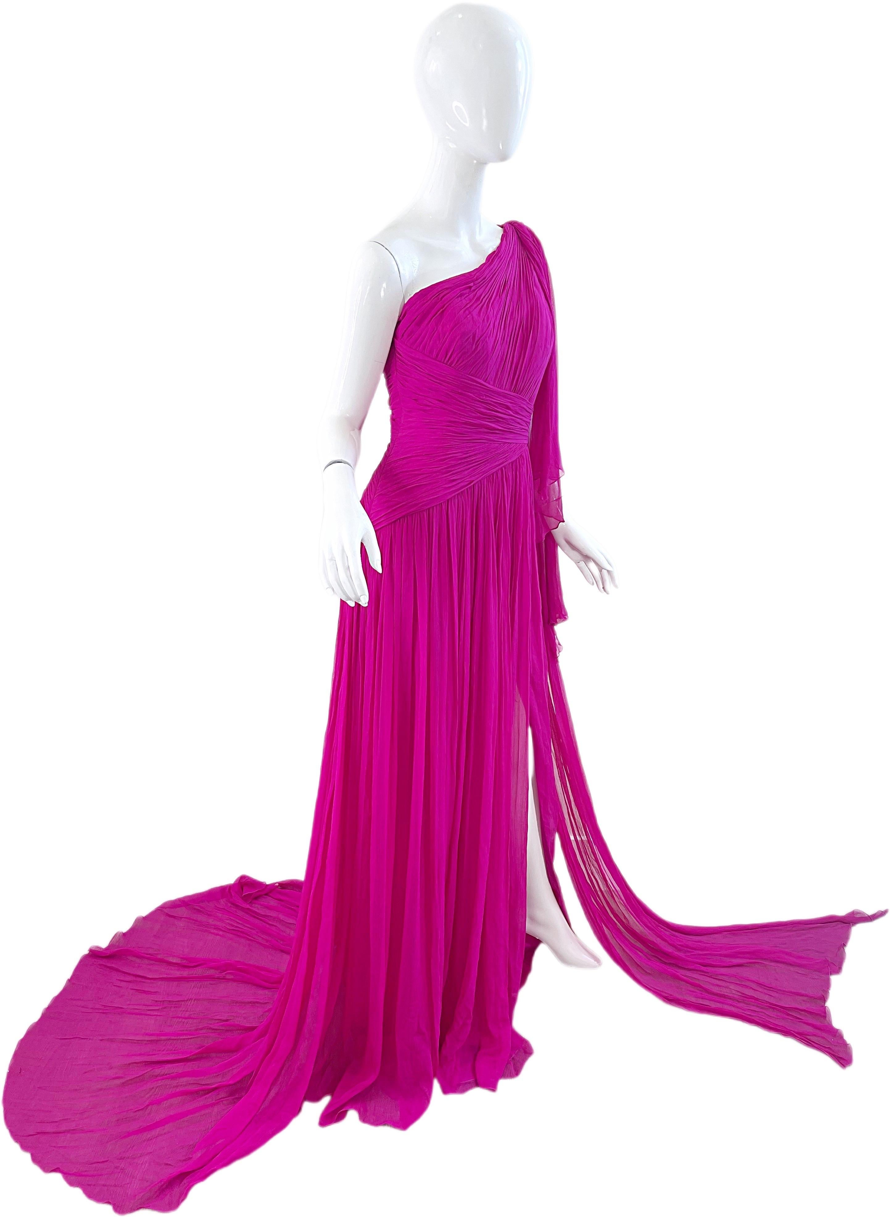 NWT Pamella Roland Spring 2018 Sz 6 / 8 Hot Pink Silk Chiffon One Shoulder Gown For Sale 7