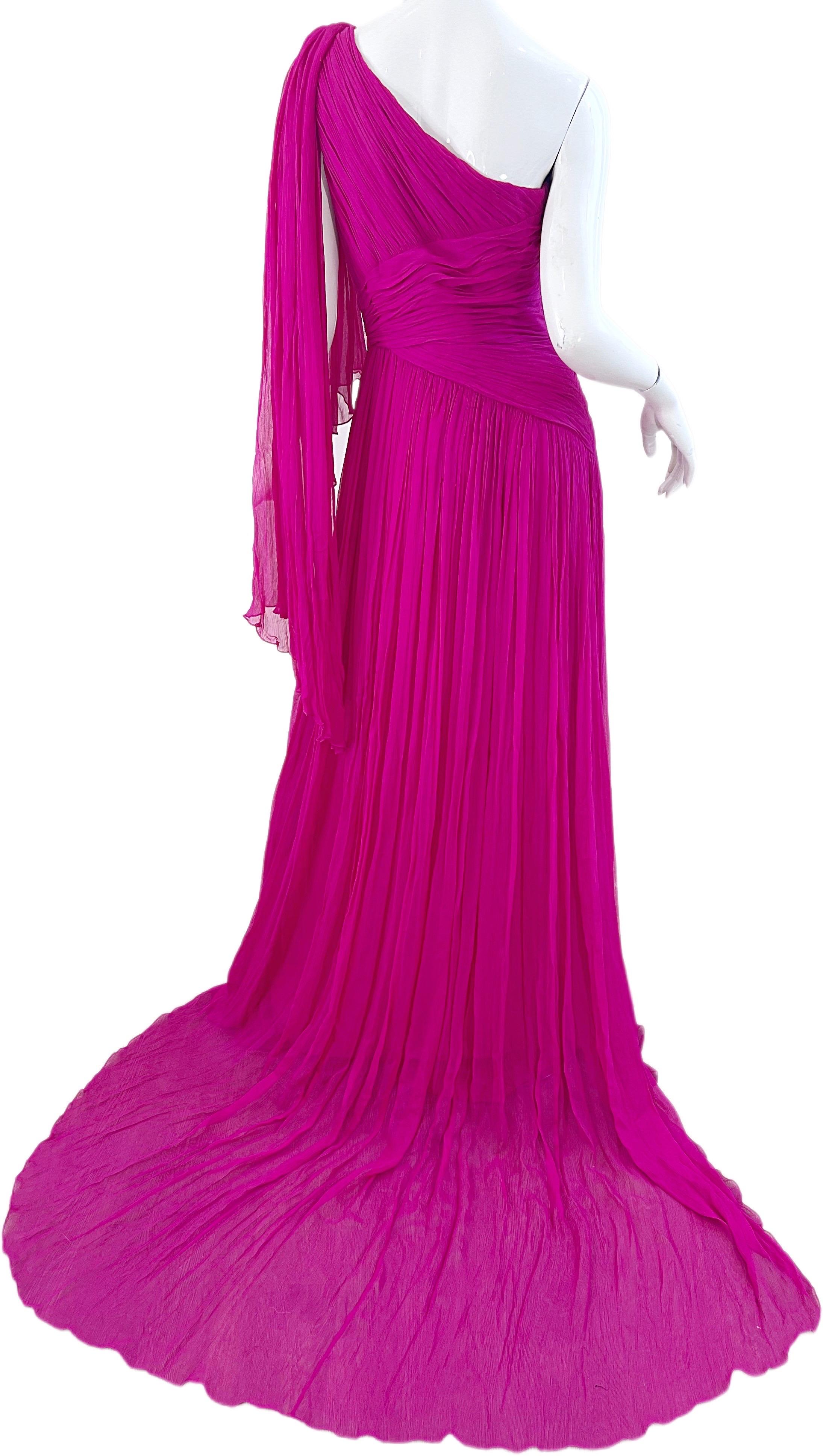 NWT Pamella Roland Spring 2018 Sz 6 / 8 Hot Pink Silk Chiffon One Shoulder Gown For Sale 8