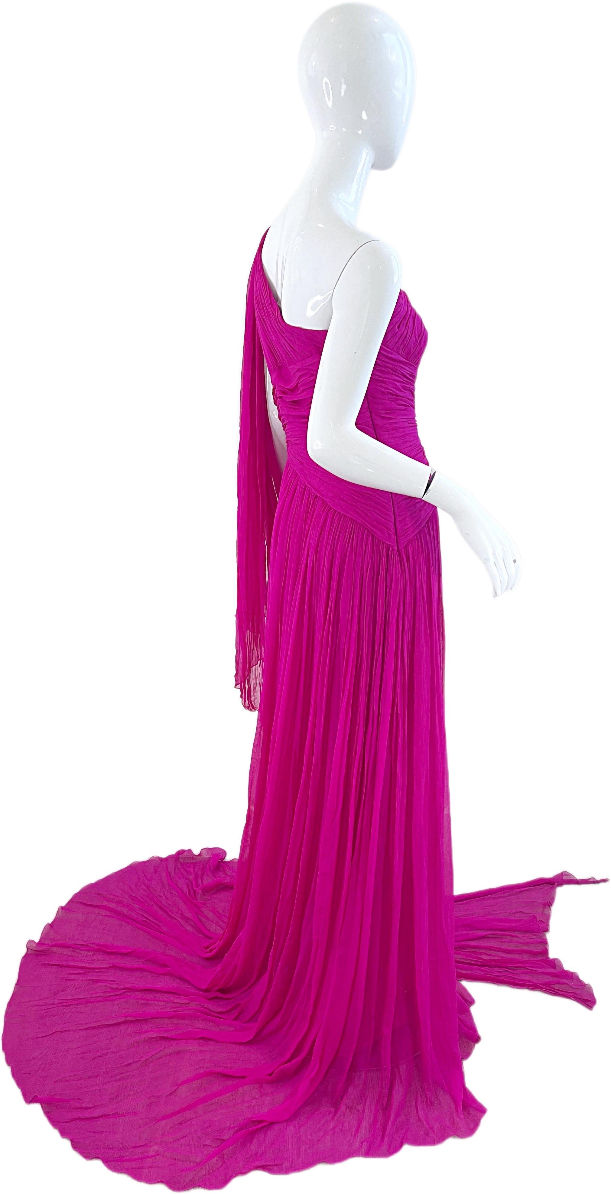 NWT Pamella Roland Spring 2018 Sz 6 / 8 Hot Pink Silk Chiffon One Shoulder Gown For Sale 10