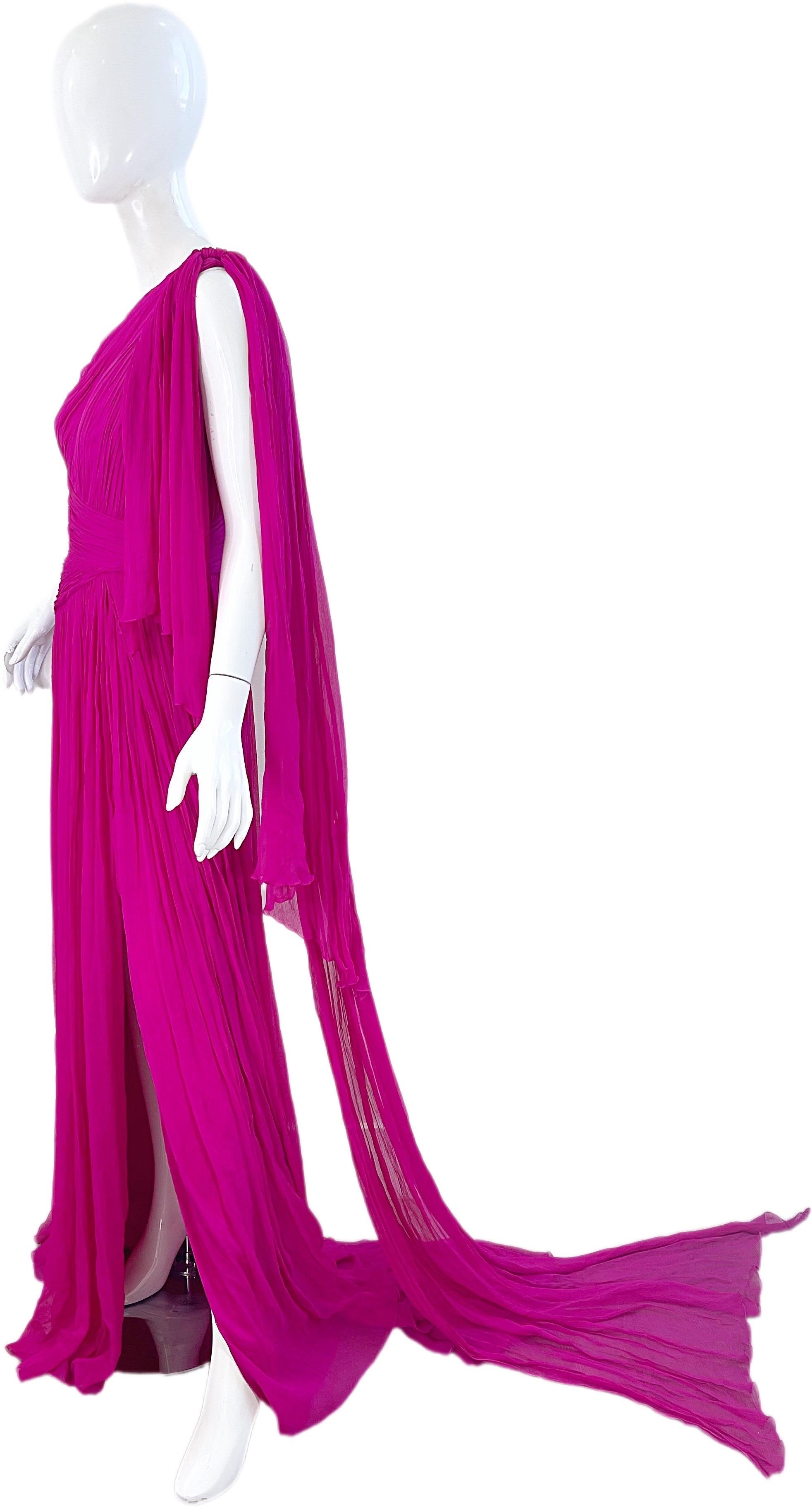 NWT Pamella Roland Spring 2018 Sz 6 / 8 Hot Pink Silk Chiffon One Shoulder Gown For Sale 3