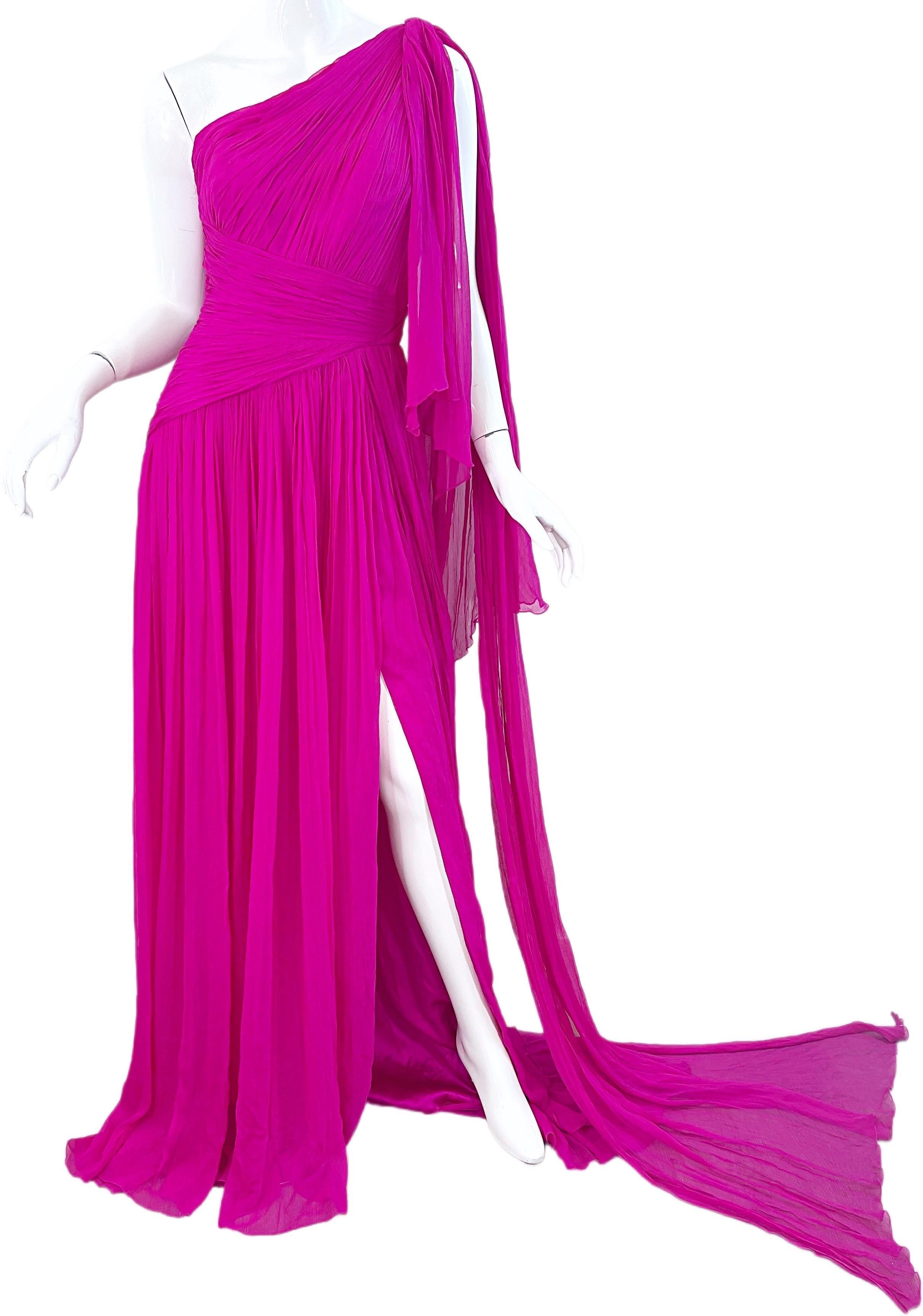 NWT Pamella Roland Spring 2018 Sz 6 / 8 Hot Pink Silk Chiffon One Shoulder Gown For Sale 4