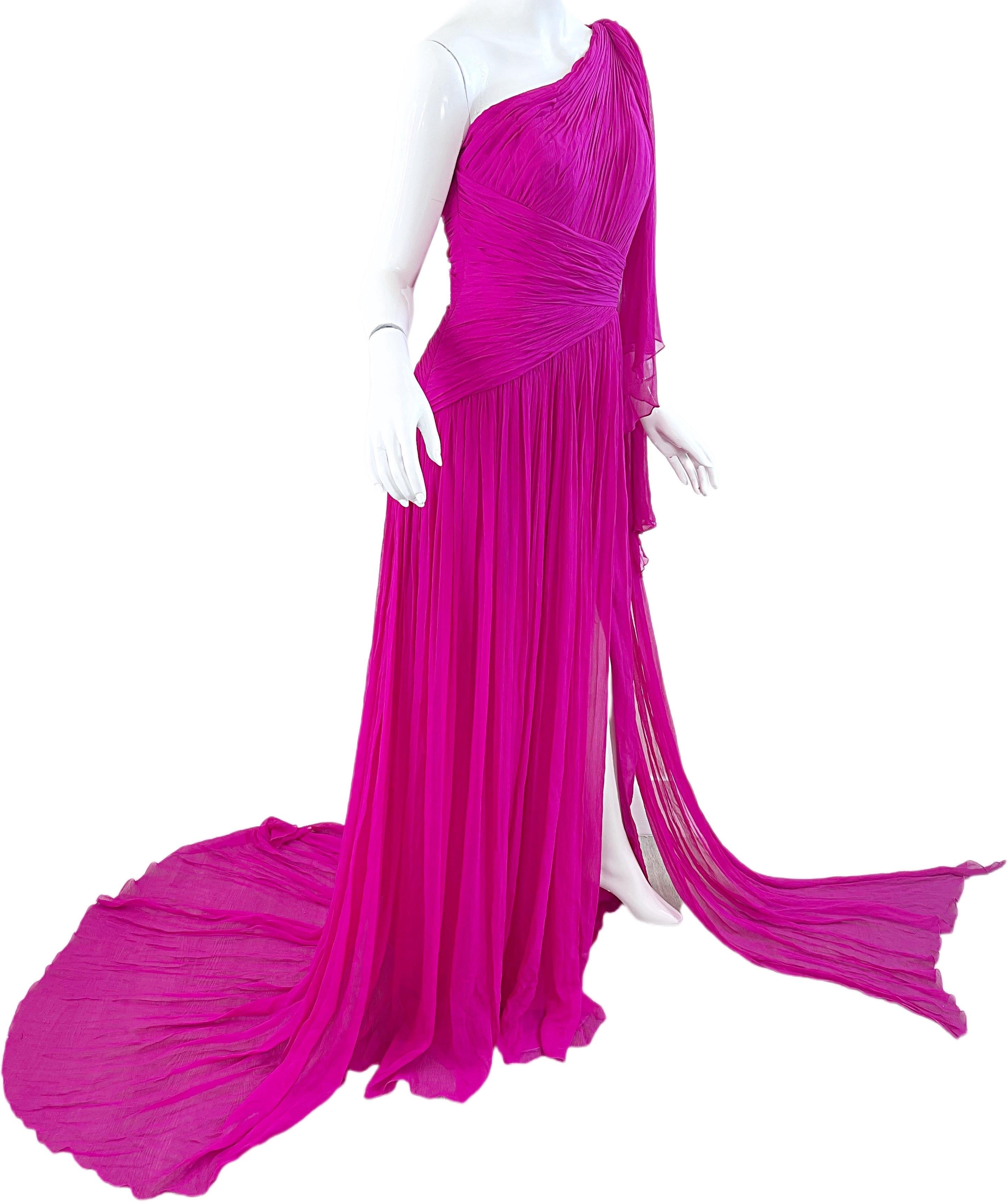 NWT Pamella Roland Spring 2018 Sz 6 / 8 Hot Pink Silk Chiffon One Shoulder Gown For Sale 5