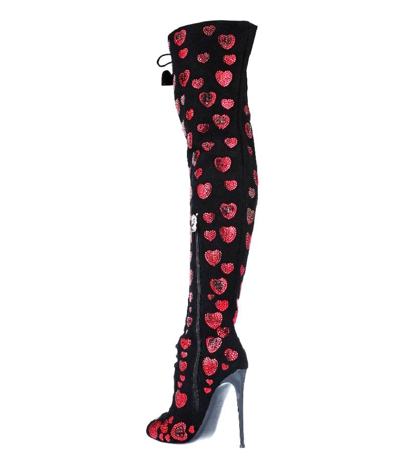 Women's NWT Philipp Plein Over Knee Black Leather Red Crystal Hearts Lace-Up Boots It 35 For Sale