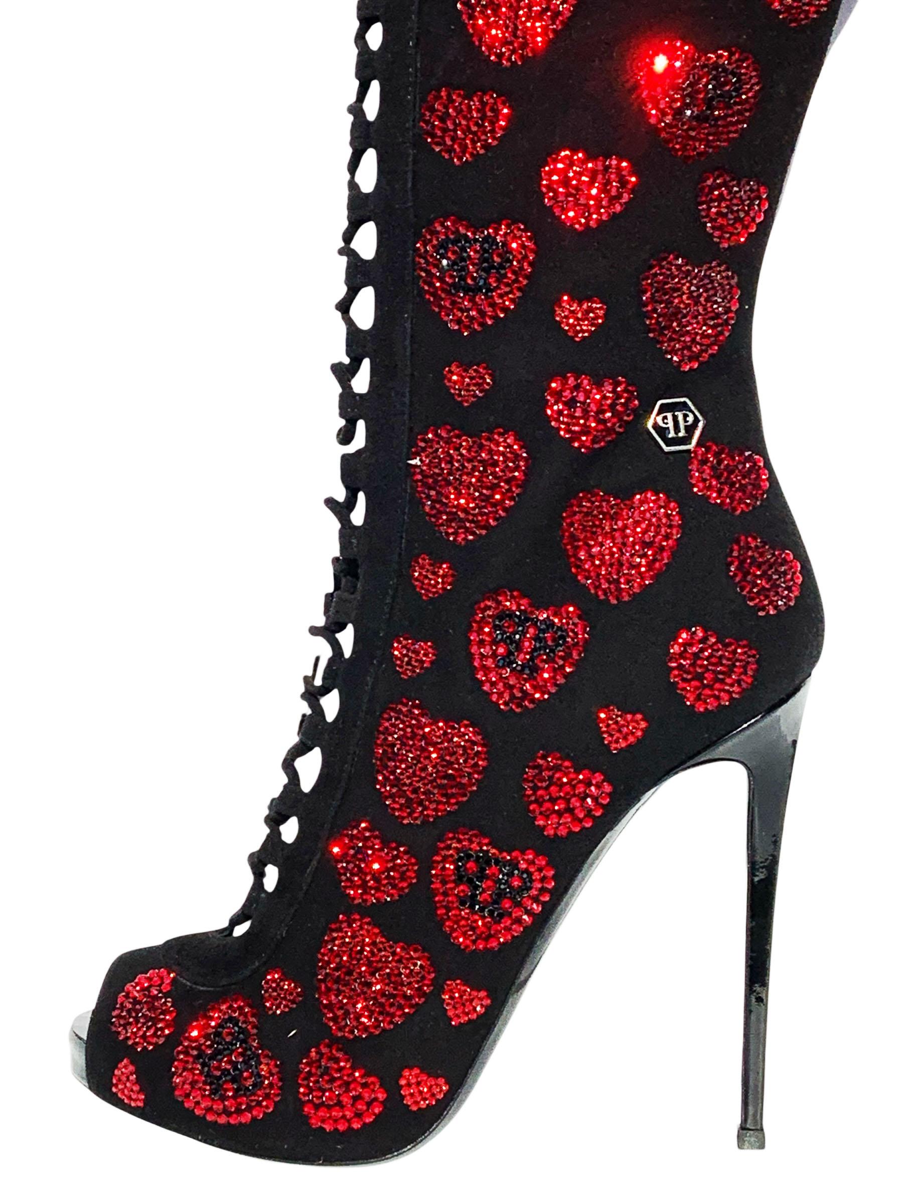 NWT Philipp Plein Over Knee Black Leather Red Crystal Hearts Lace-Up Boots It 35 For Sale 1